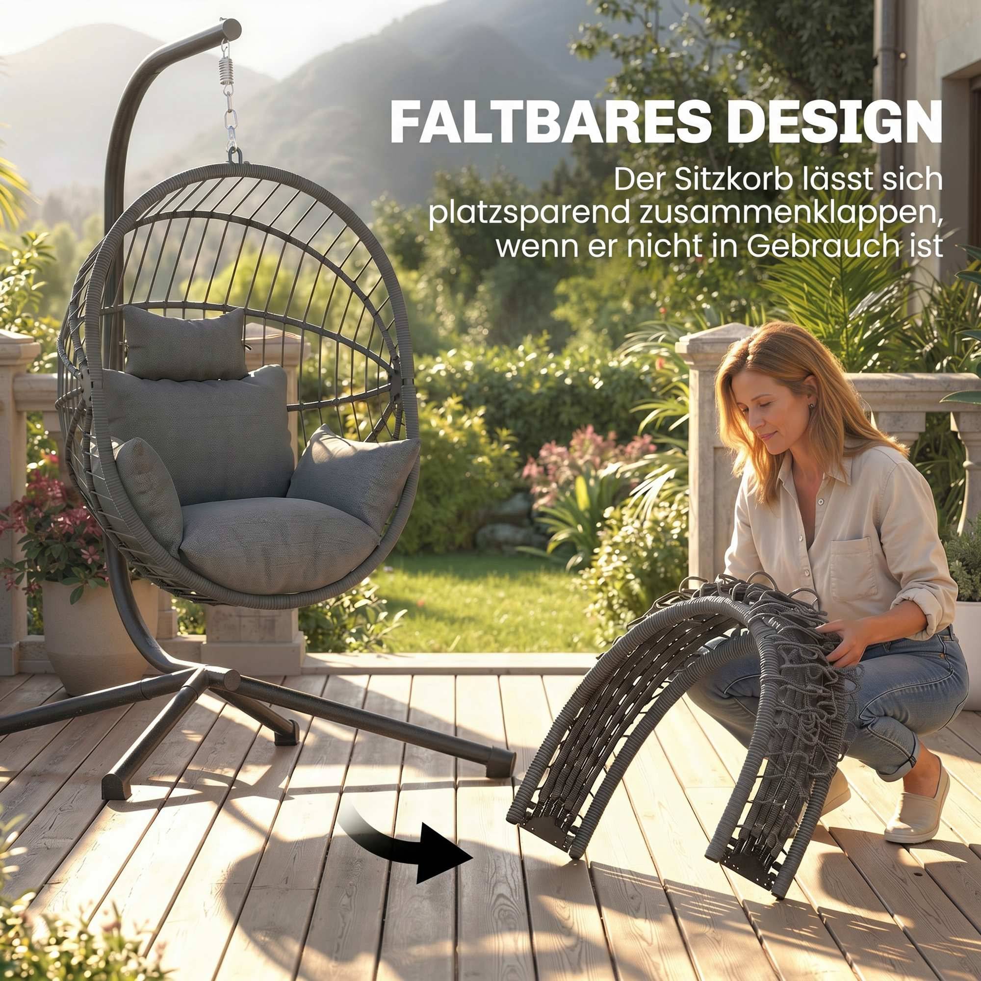 Sans Marque - Fauteuil suspendu extérieur, coussin inclus, œuf, 120x106x188 cm, gris - Image 7