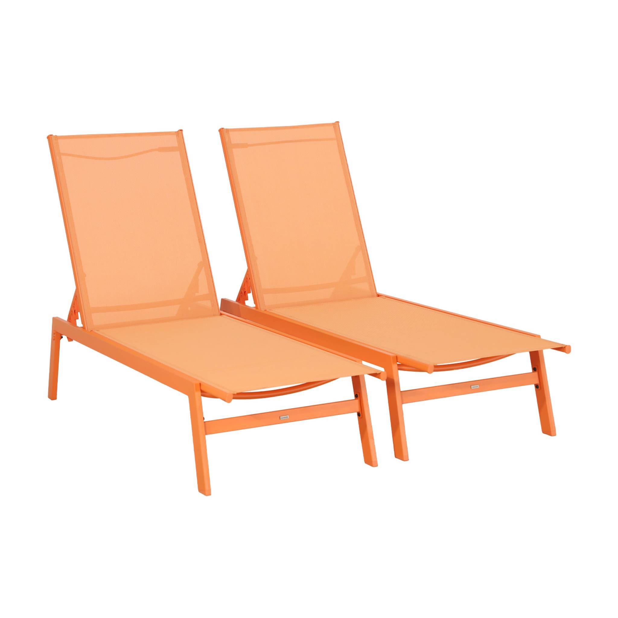 sweeek - Lot de 2 transats. 5 positions. en textilène orange et métal L155 x P59 x H106cm | sweeek