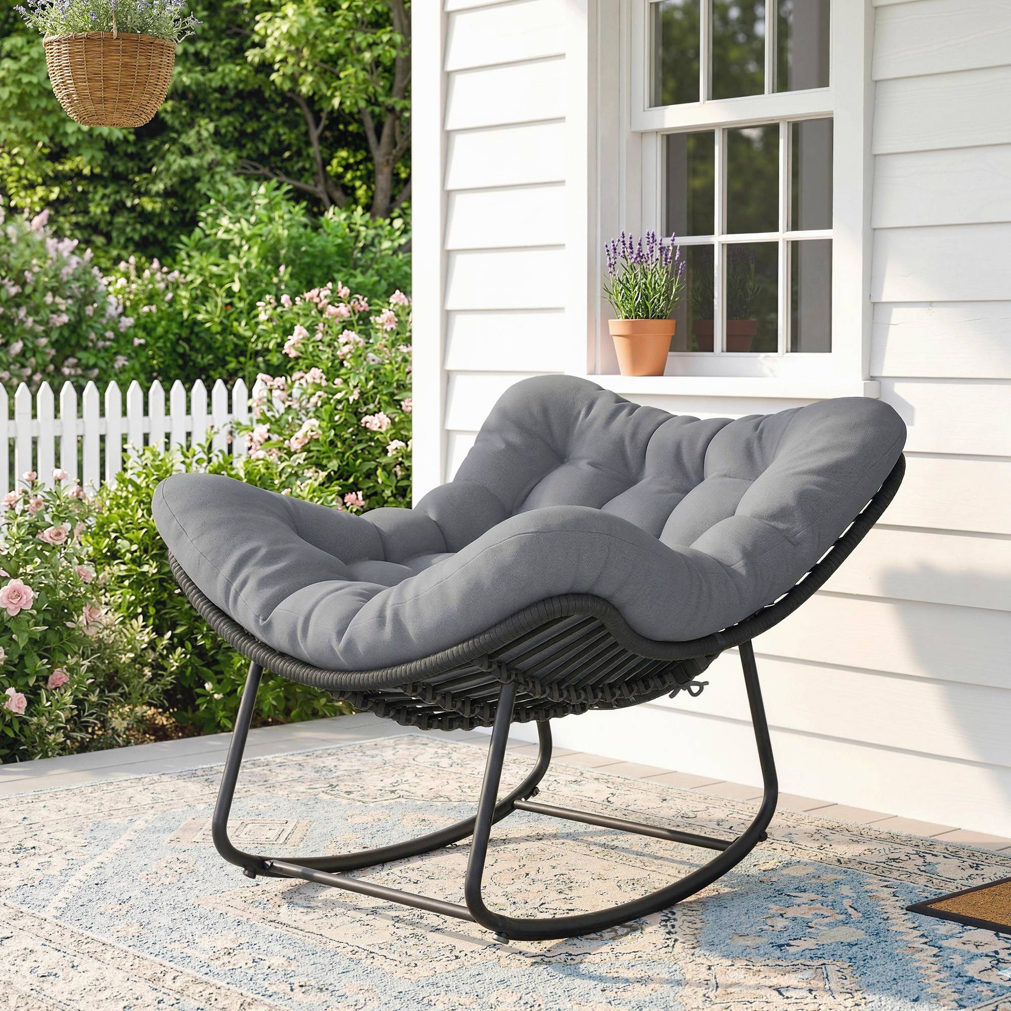 Fauteuil à bascule Résine tressée Jardin Chaise relax avec coussin 110x87x70cm Gris foncé - ComfortXL Outdoor Living - Image 4