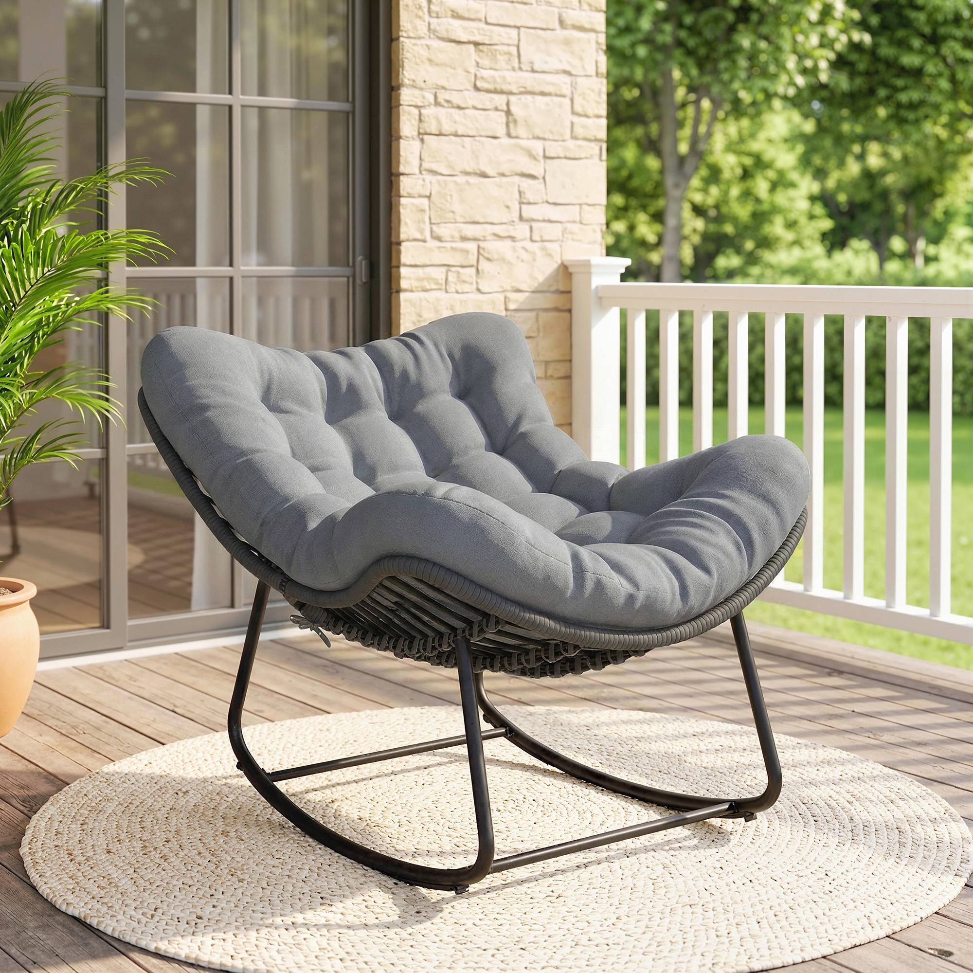 Fauteuil à bascule Résine tressée Jardin Chaise relax avec coussin 110x87x70cm Gris foncé - ComfortXL Outdoor Living - Image 3