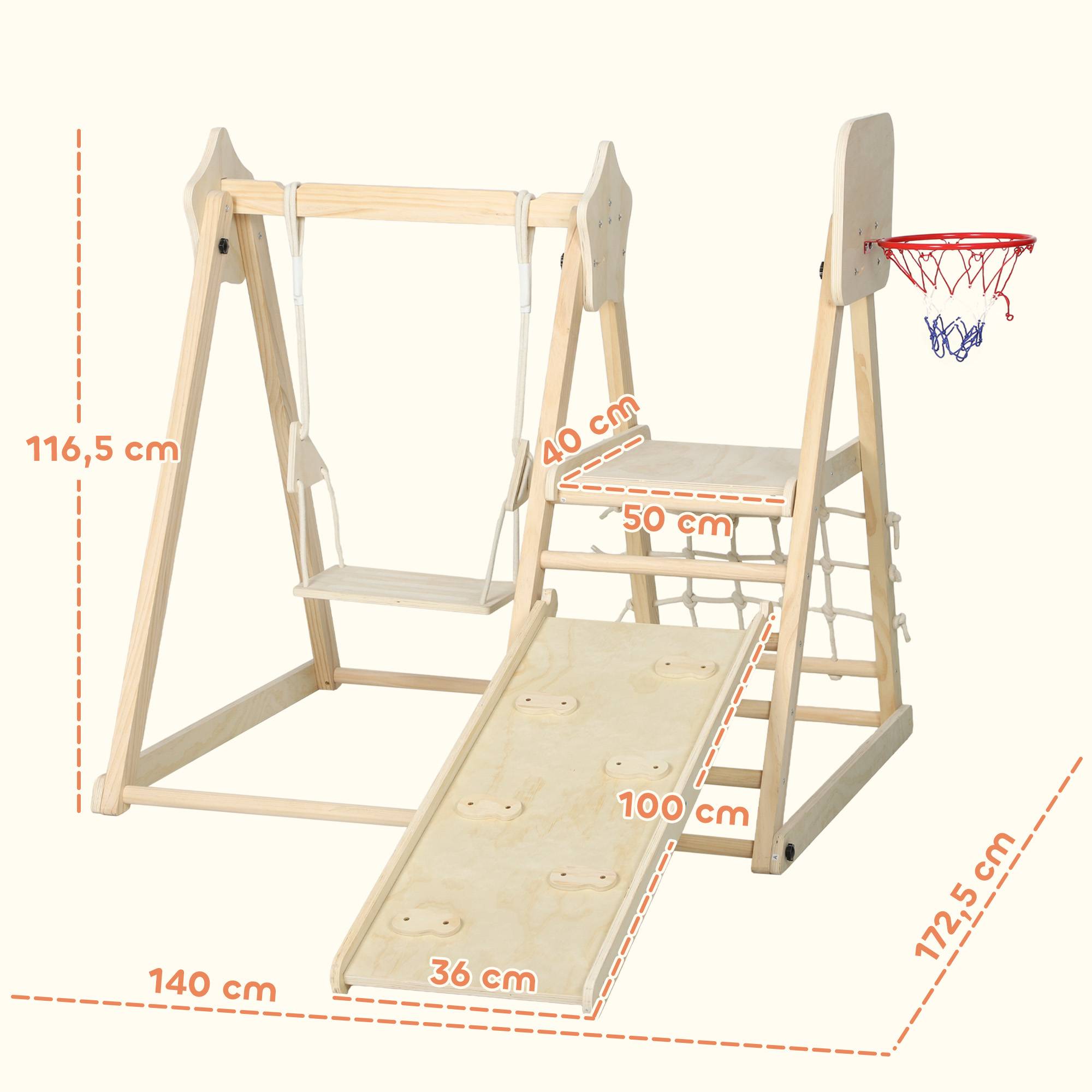 Structure d’escalade intérieure 5-en-1 pliable avec toboggan, balançoire, filet d’escalade et panier basket, 3-6 ans, bois naturel - Image 3