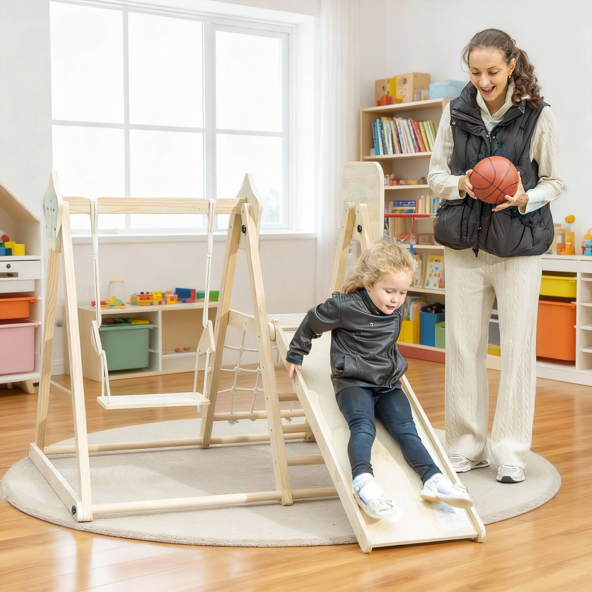 Structure d’escalade intérieure 5-en-1 pliable avec toboggan, balançoire, filet d’escalade et panier basket, 3-6 ans, bois naturel - Image 1