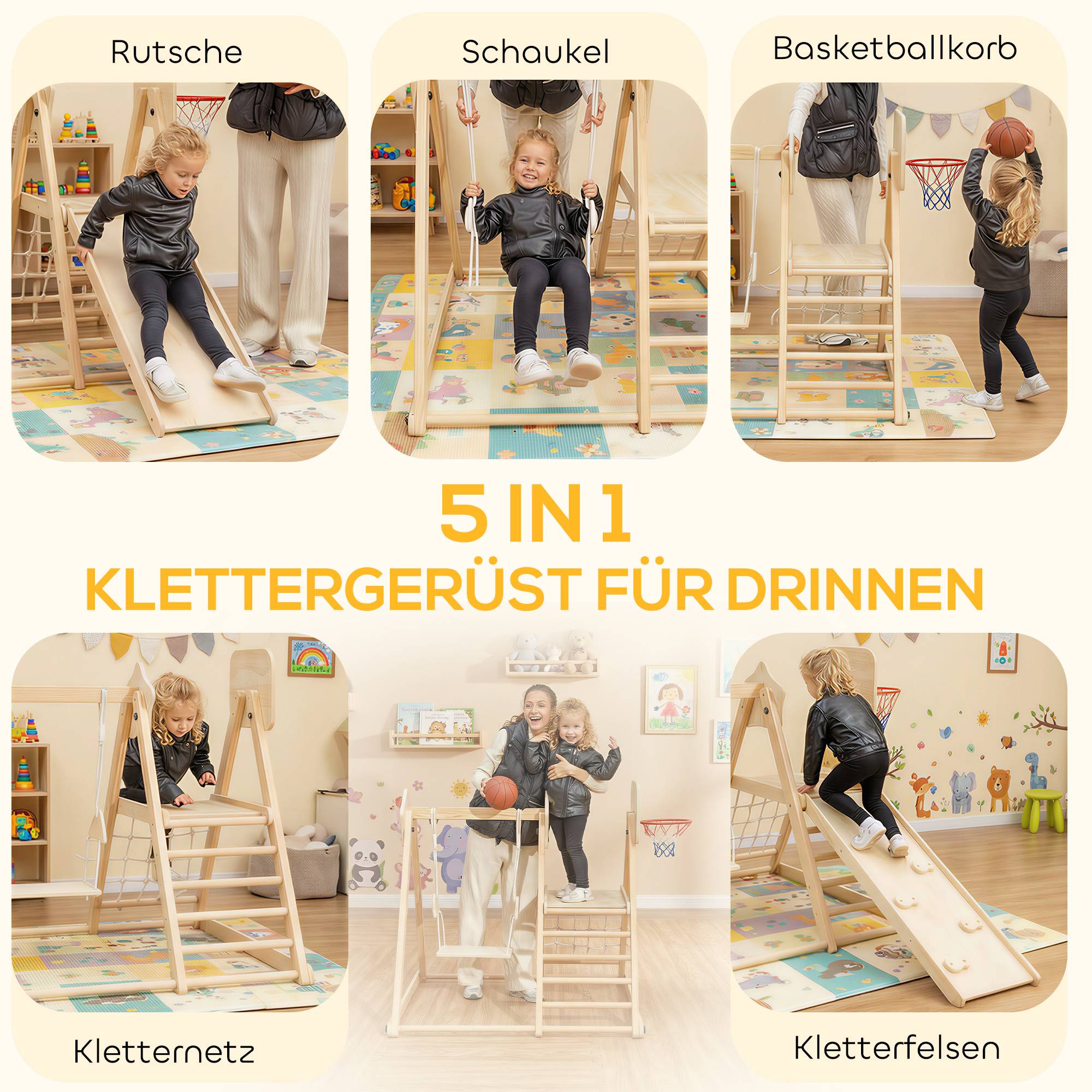 Structure d’escalade intérieure 5-en-1 pliable avec toboggan, balançoire, filet d’escalade et panier basket, 3-6 ans, bois naturel - Image 4