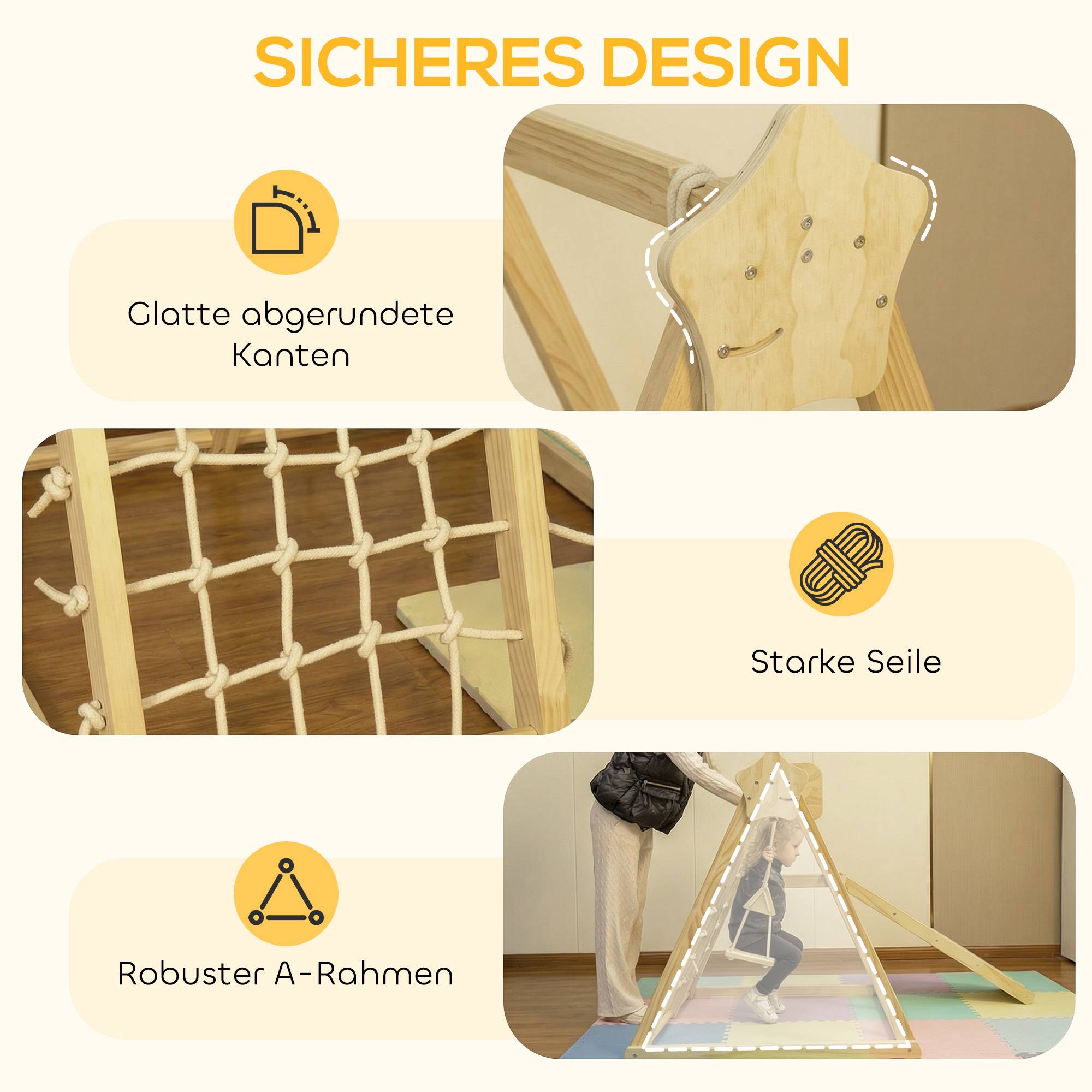 Structure d’escalade intérieure 5-en-1 pliable avec toboggan, balançoire, filet d’escalade et panier basket, 3-6 ans, bois naturel - Image 6