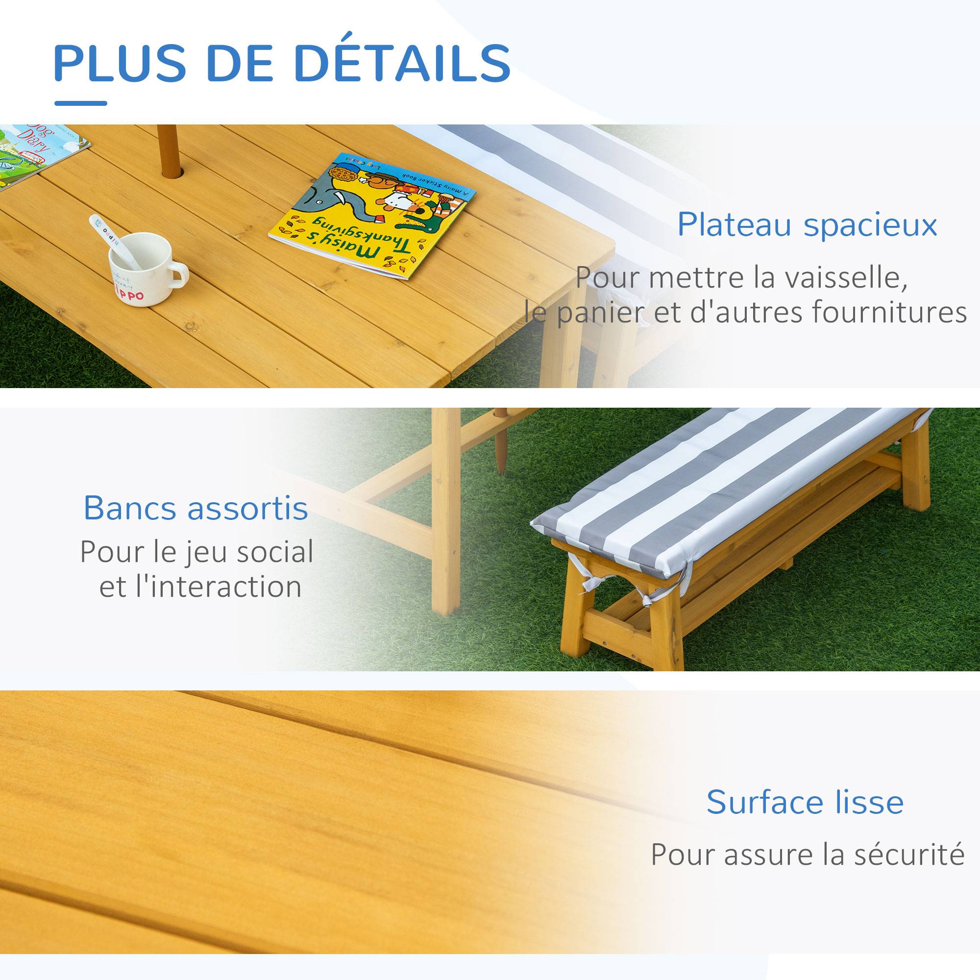 Outsunny - Ensemble salon de jardin enfant 4 pièces style pique-nique - 2 bancs, table, parasol - sapin lasuré miel polyester gris blanc rayé - Outsunny - Imagen 6
