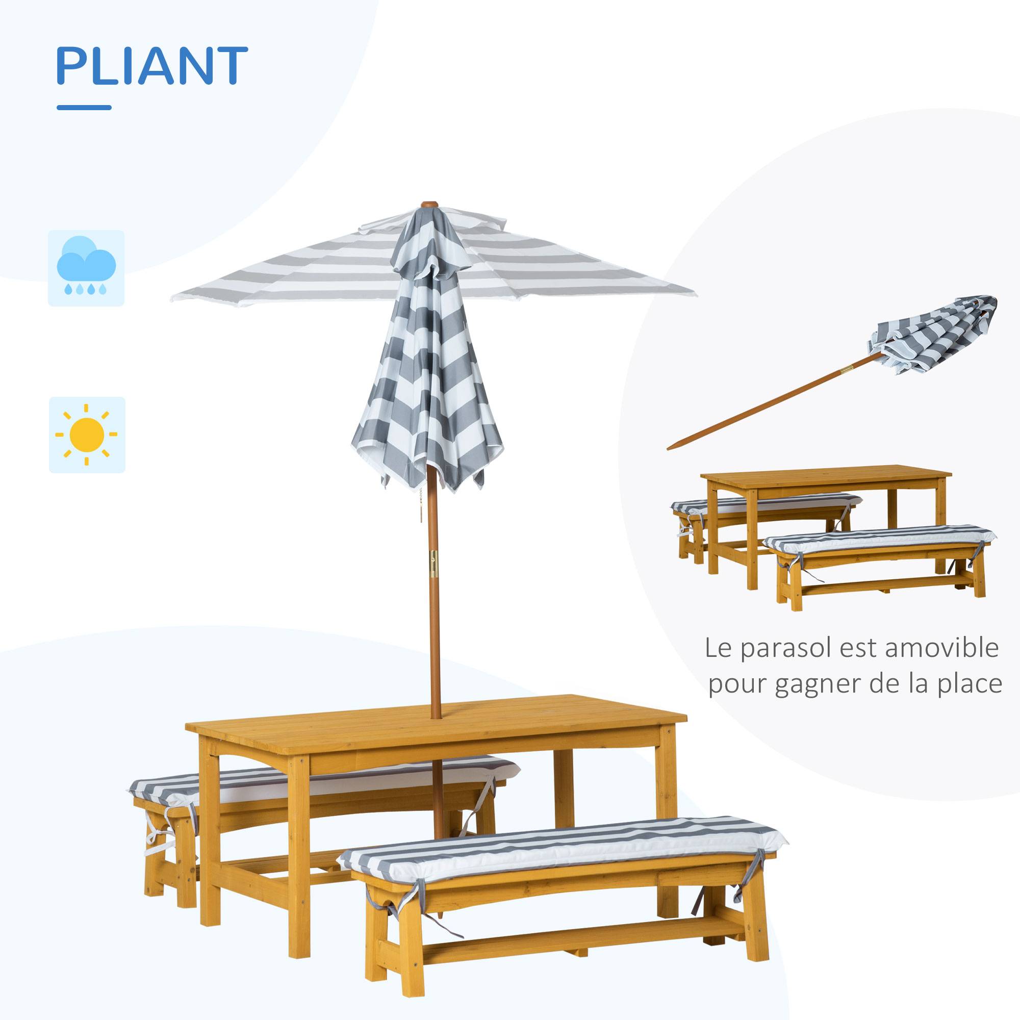 Outsunny - Ensemble salon de jardin enfant 4 pièces style pique-nique - 2 bancs, table, parasol - sapin lasuré miel polyester gris blanc rayé - Outsunny - Imagen 2