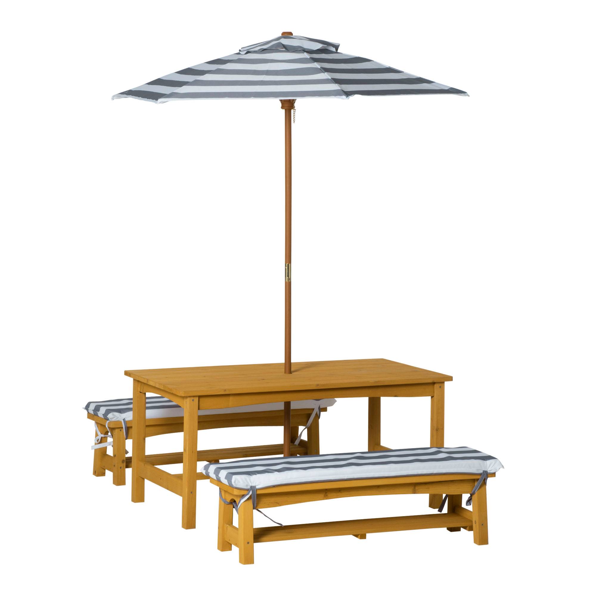 Outsunny - Ensemble salon de jardin enfant 4 pièces style pique-nique - 2 bancs, table, parasol - sapin lasuré miel polyester gris blanc rayé - Outsunny - Imagen 1