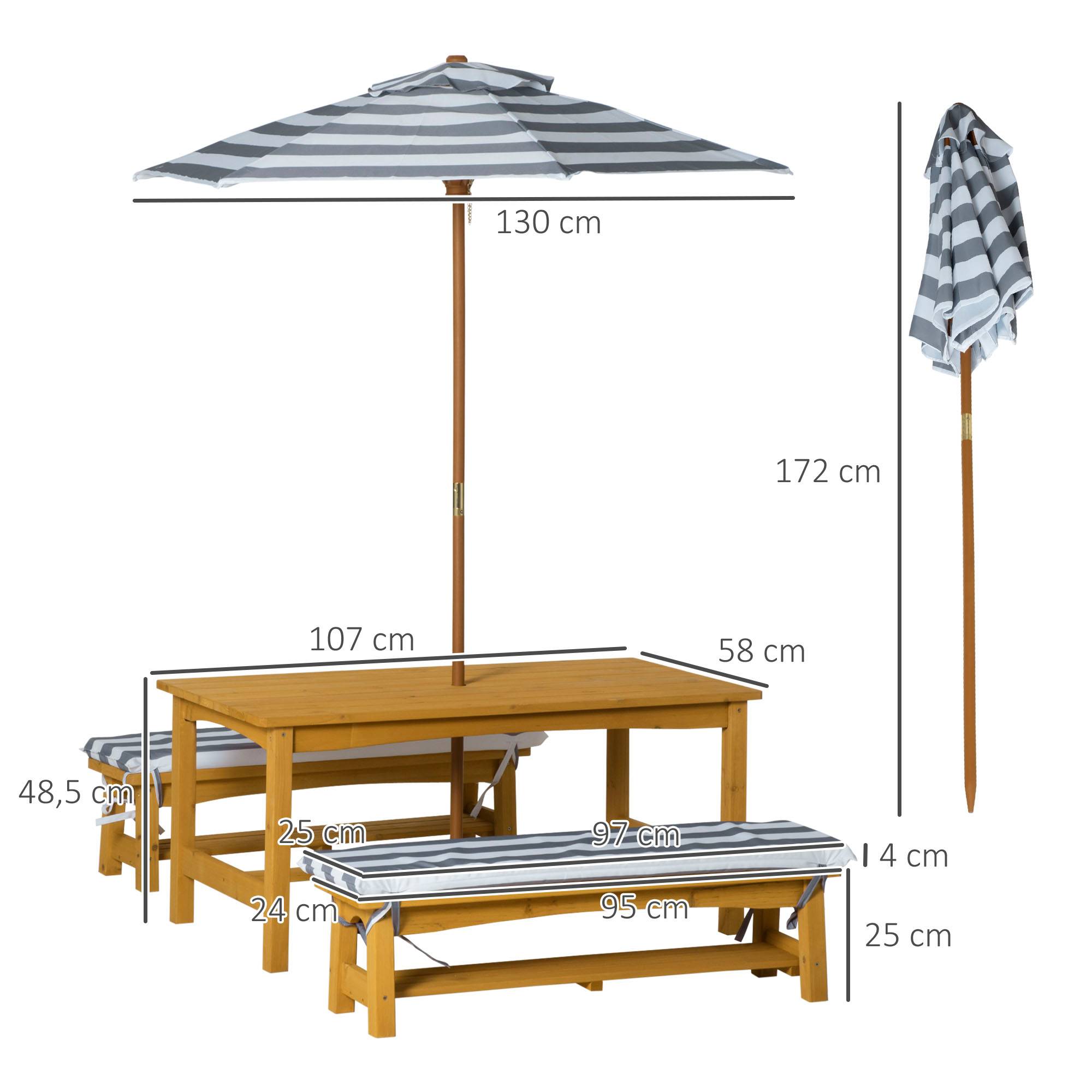 Outsunny - Ensemble salon de jardin enfant 4 pièces style pique-nique - 2 bancs, table, parasol - sapin lasuré miel polyester gris blanc rayé - Outsunny - Imagen 3