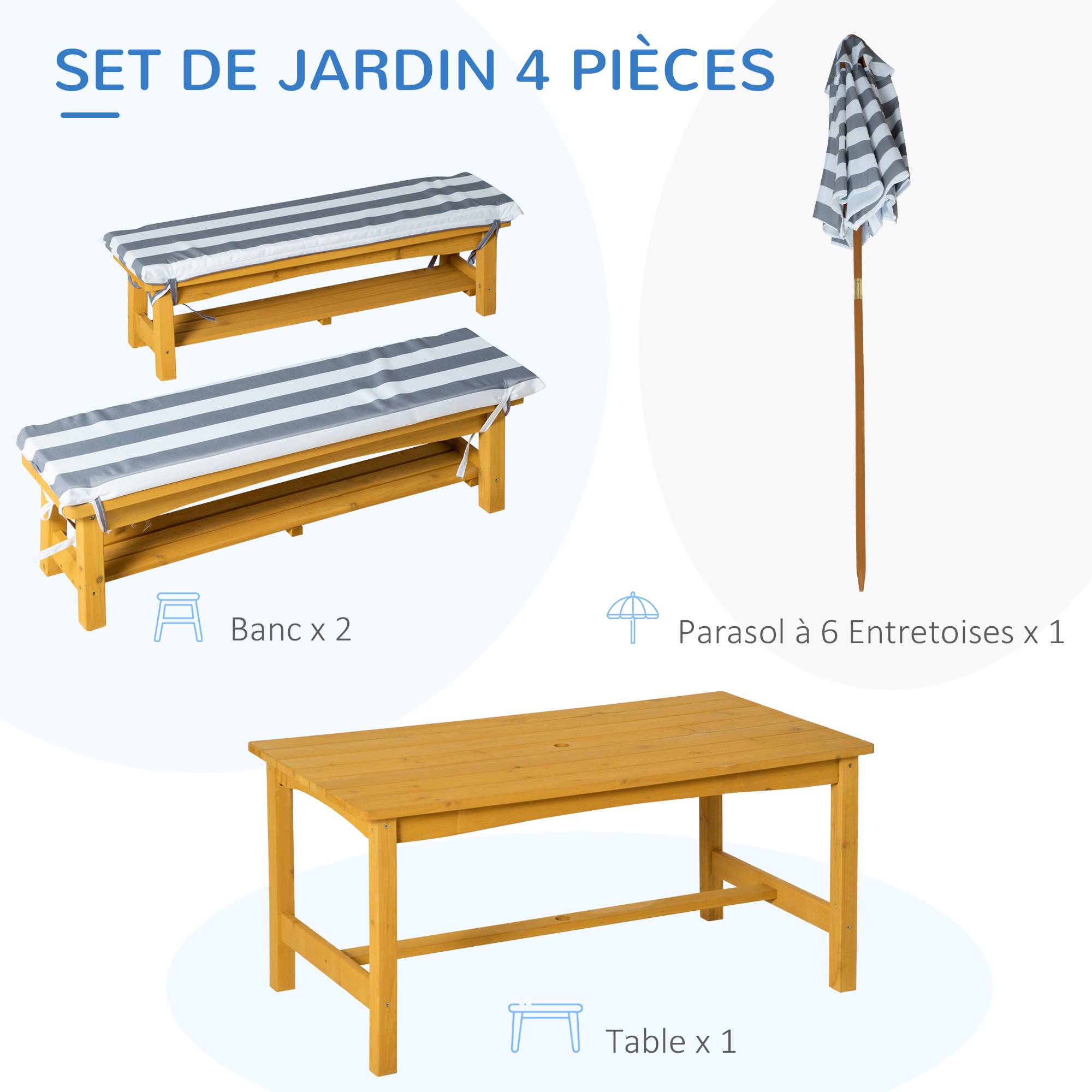 Outsunny - Ensemble salon de jardin enfant 4 pièces style pique-nique - 2 bancs, table, parasol - sapin lasuré miel polyester gris blanc rayé - Outsunny - Imagen 5