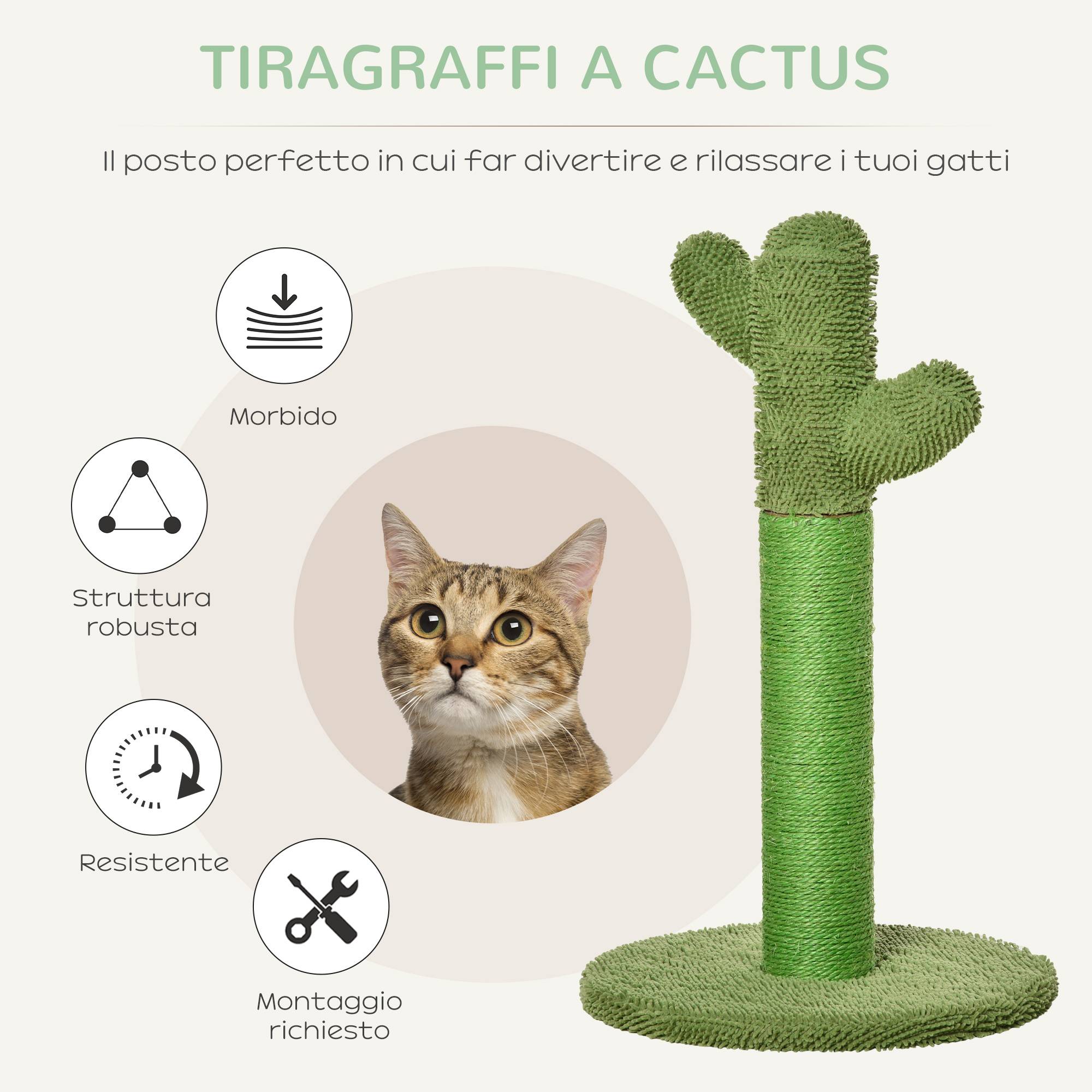 Arbre chat griffoir cactus sisal intérieur base jouet balles 40x40x65 cm vert - ComfortXL Outdoor Living - Image 6