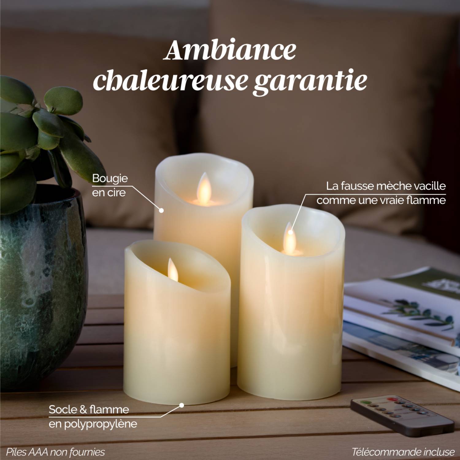 Lot de 2 bougies à LED 15 cm en cire avec télécommande, flamme vacillante - Vivezen - Imagen 3
