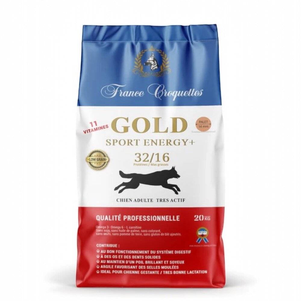 France Croquettes - france croquette pour chien adulte gold sport energy+ 32/16 low grain – 20kg – très actif - sportif - massif - faible teneur en cereales - sans blé