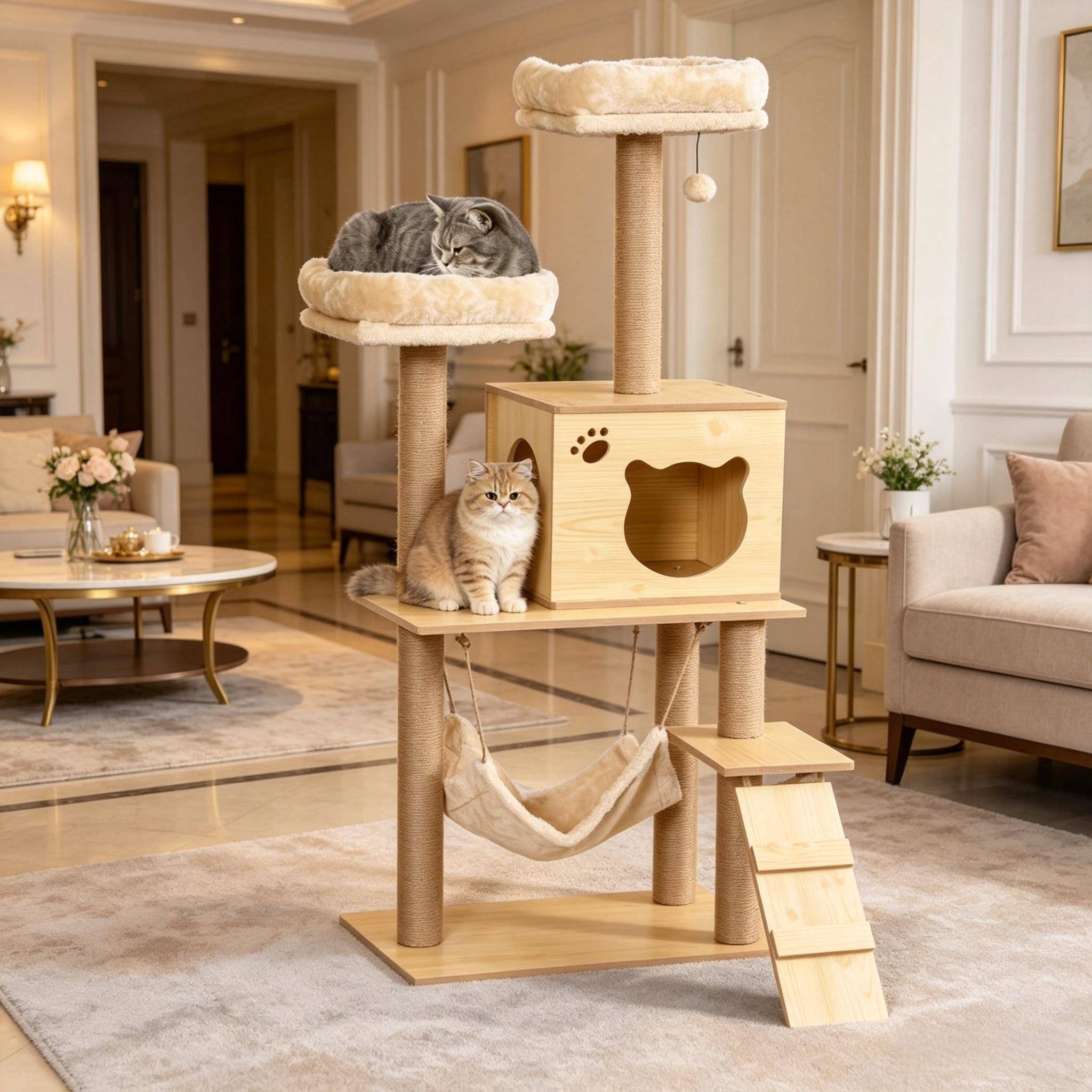 Tour d'activité multi-niveaux en bois doux pour chat, arbre à chat pour votre félin - Image 2