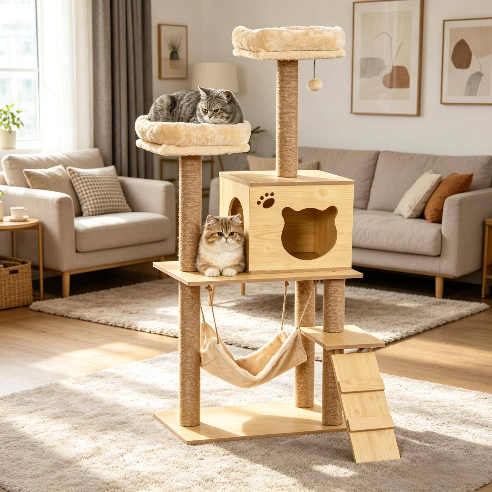 Tour d'activité multi-niveaux en bois doux pour chat, arbre à chat pour votre félin - Image 1