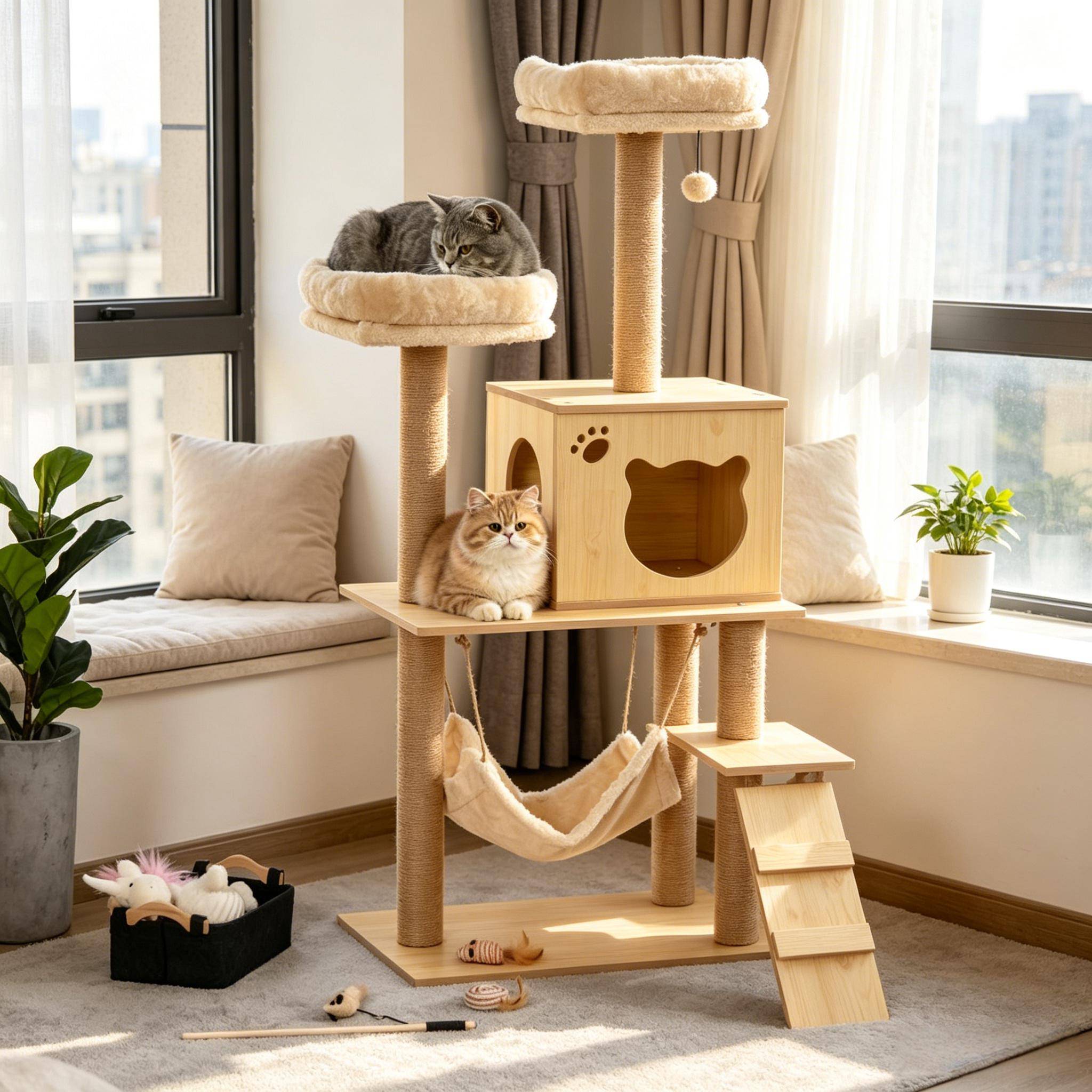 Tour d'activité multi-niveaux en bois doux pour chat, arbre à chat pour votre félin - Image 6