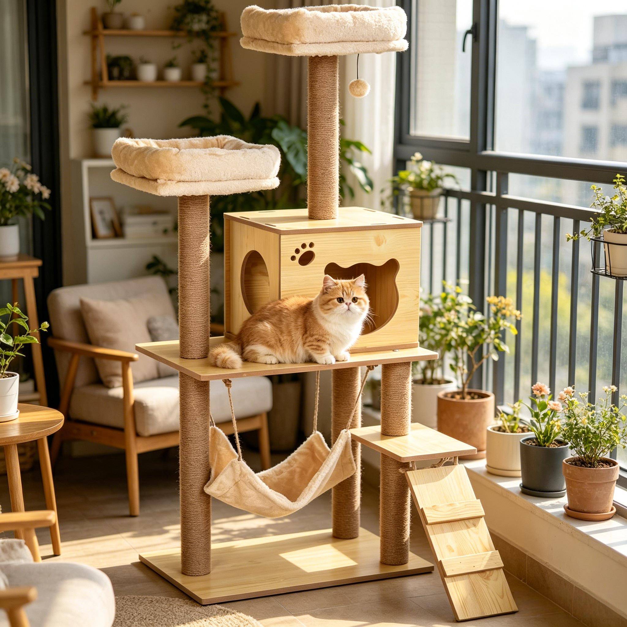 Tour d'activité multi-niveaux en bois doux pour chat, arbre à chat pour votre félin - Image 7