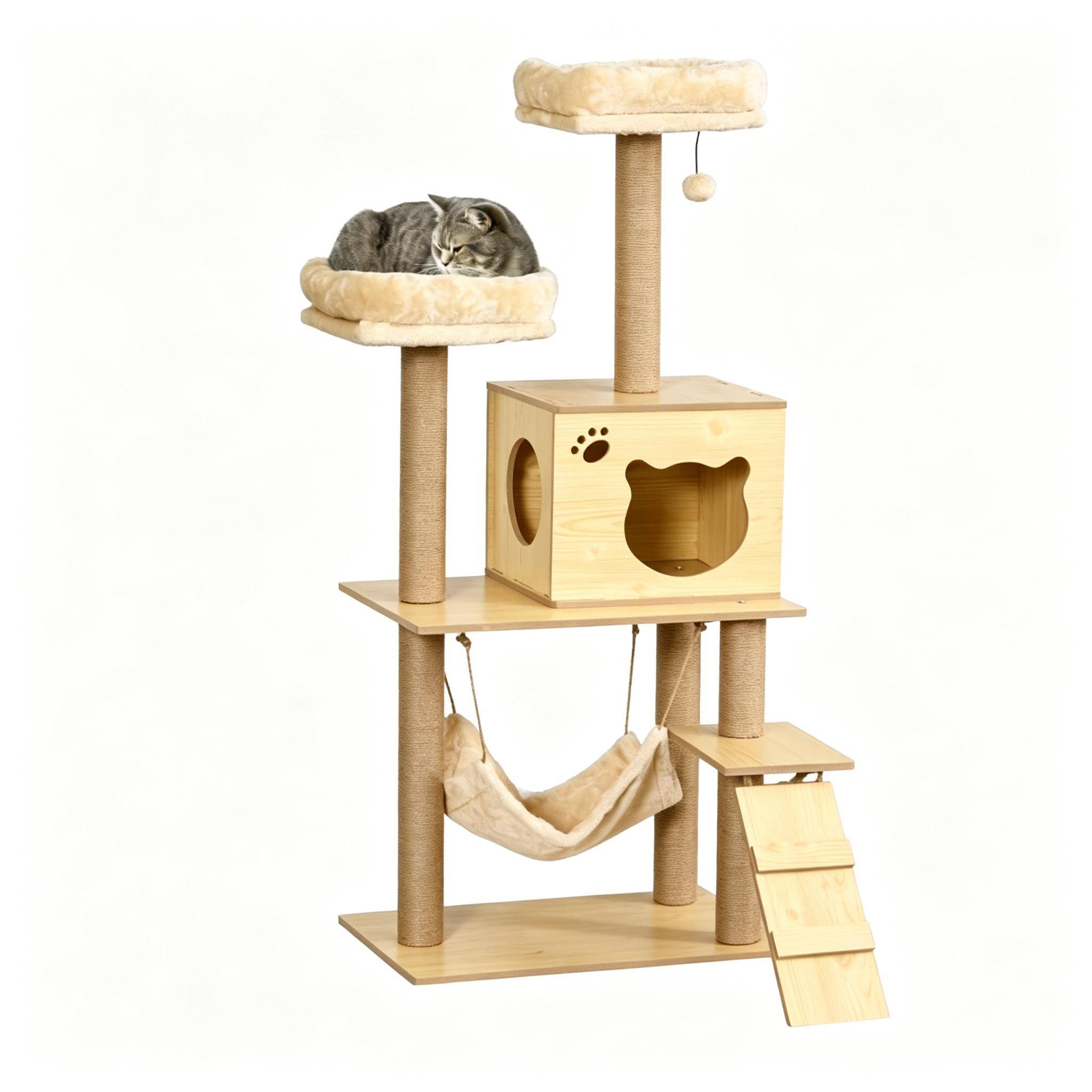 Tour d'activité multi-niveaux en bois doux pour chat, arbre à chat pour votre félin - Image 5