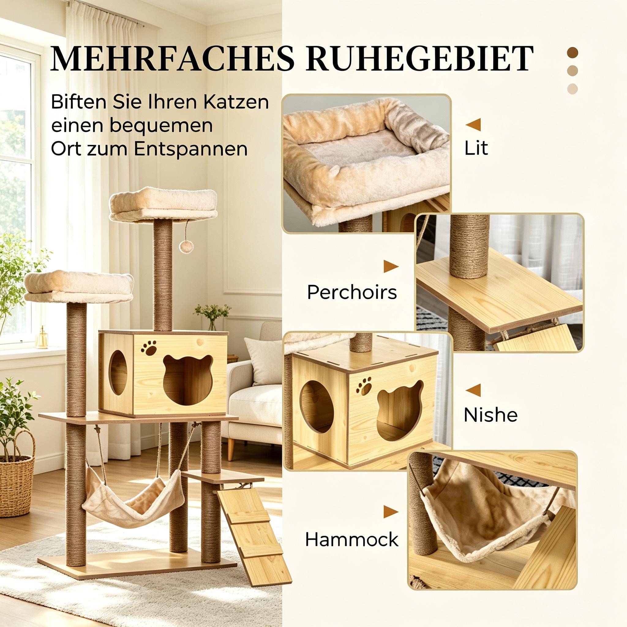 Tour d'activité multi-niveaux en bois doux pour chat, arbre à chat pour votre félin - Image 3