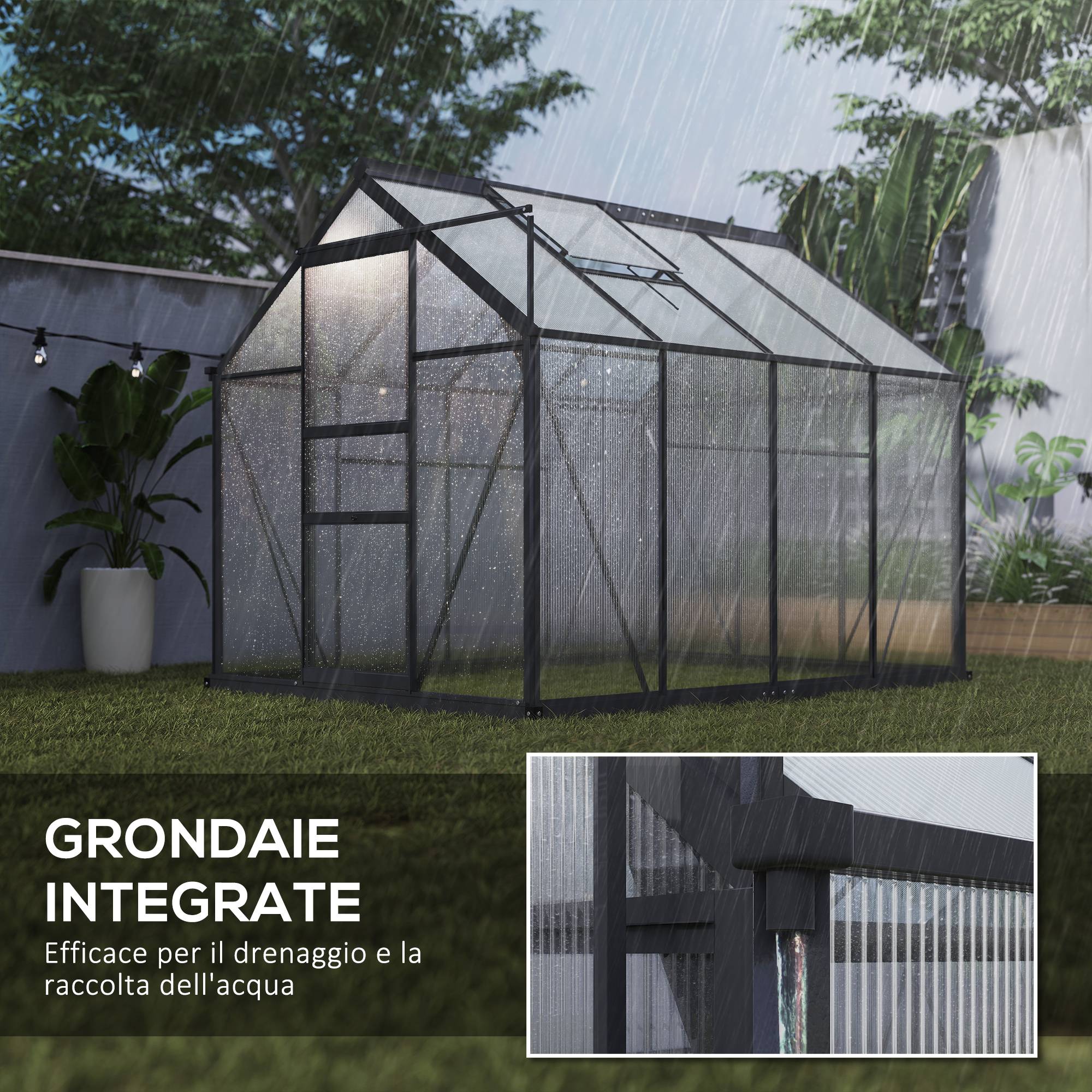 Serre polycarbonate et aluminium, porte coulissante, prise d'air et gouttière, 190x252x201 cm, grise - Image 9