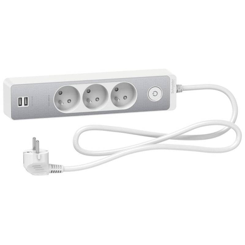 Schneider Electric - Rallonge multiprise on/off SCHNEIDER ST933U1WA 3 prises - 2P+T - 2 USB - 1,5 m - blanc - finition alu brossé Scheider