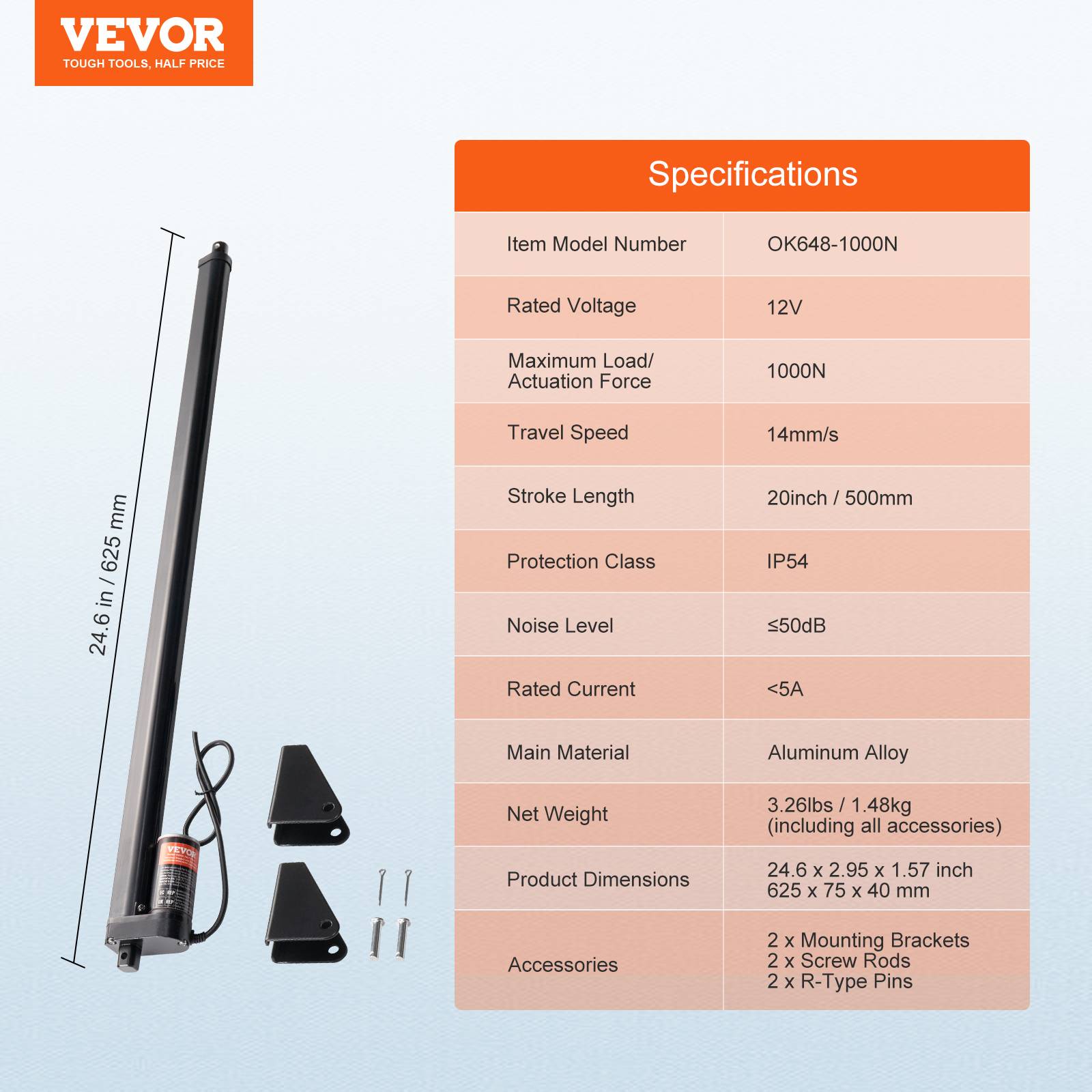 Vevor - VEVOR Actionneur linéaire 12V, course 500mm, 1000N, 14mm/s, IP54, pour meubles, automatisation. - Image 7