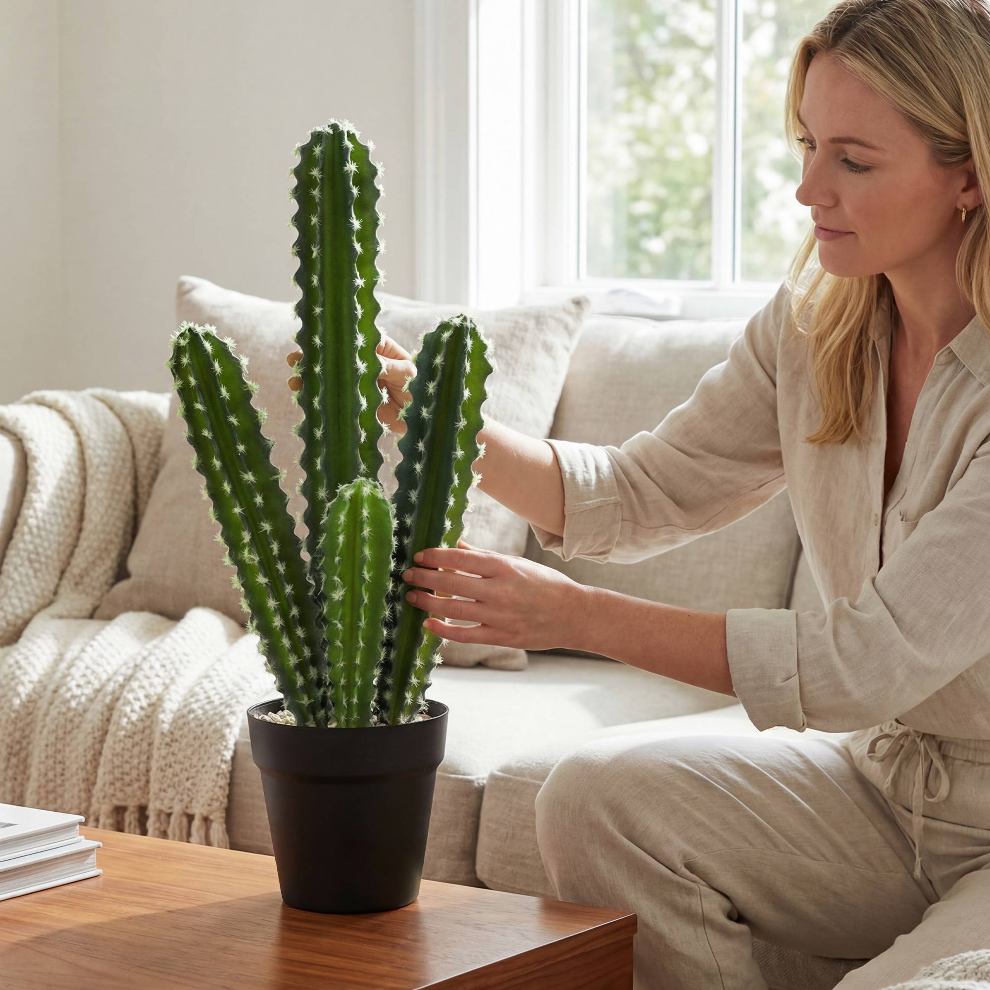 Plante artificielle petit cactus plastique pot décoratif bureau sans eau 53cm vert - ComfortXL Outdoor Living - Image 9