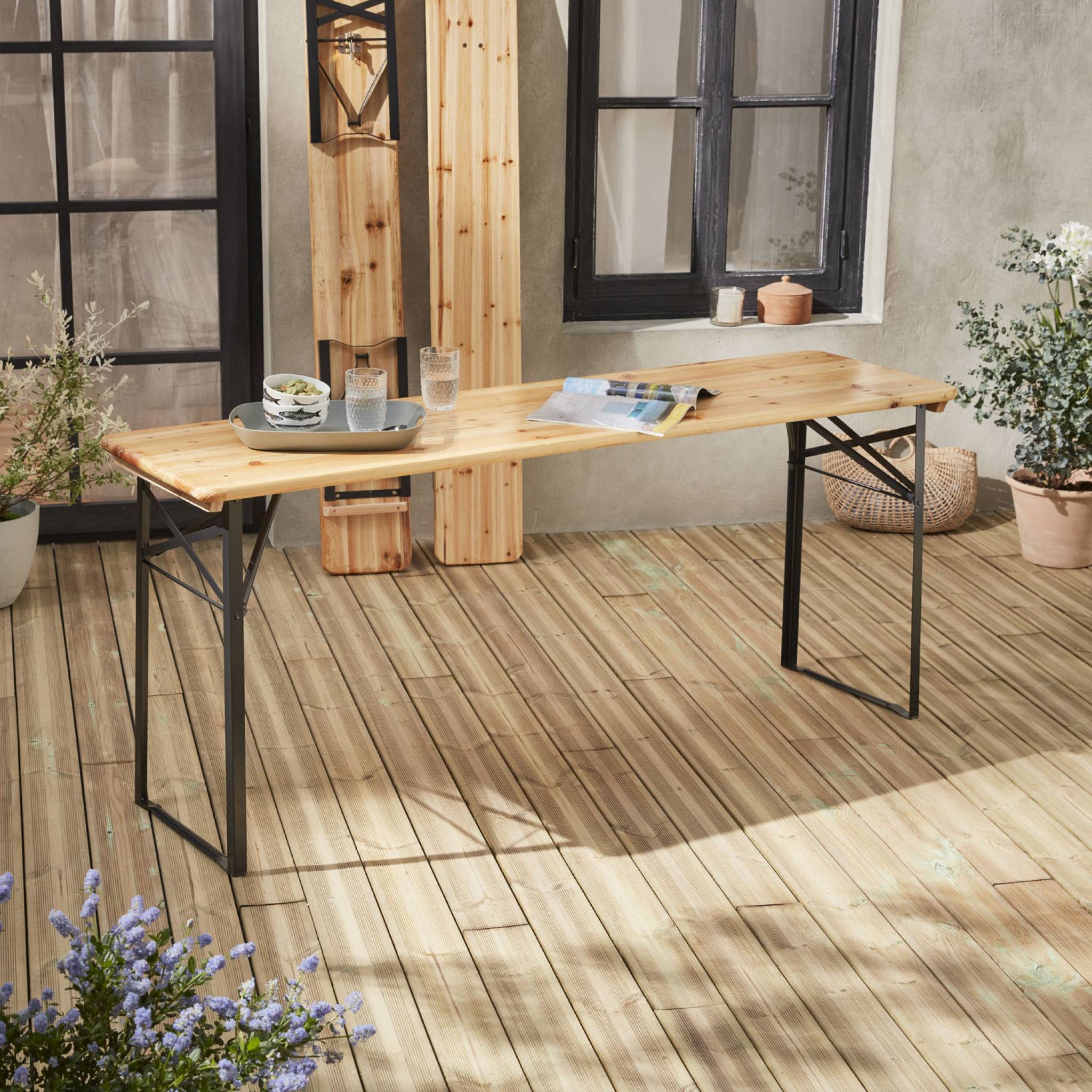 sweeek - Table de jardin pliante bois de sapin + 2 bancs BAYONNE – Esprit brasserie. pliable. 6 personnes | sweeek - Image 5