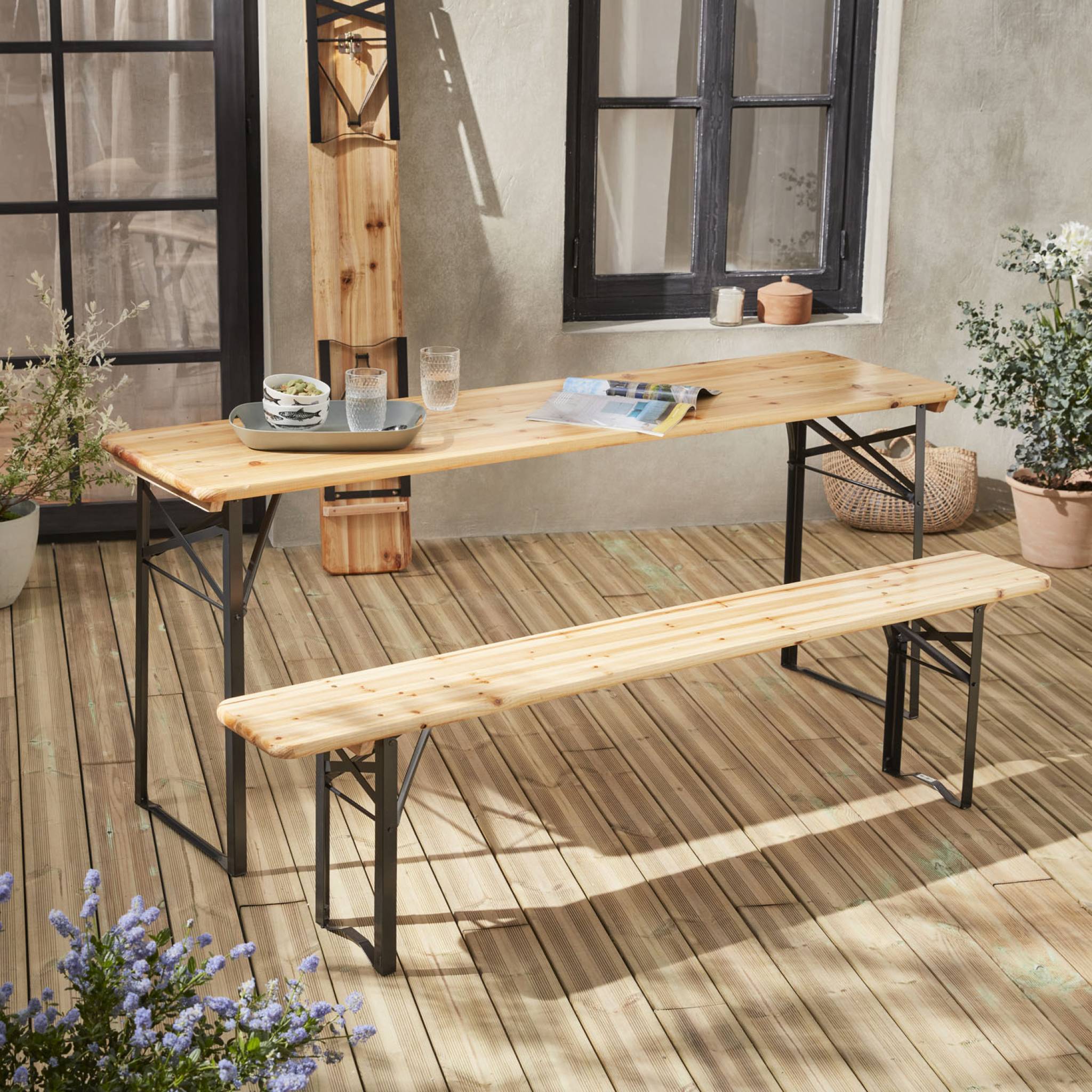 sweeek - Table de jardin pliante bois de sapin + 2 bancs BAYONNE – Esprit brasserie. pliable. 6 personnes | sweeek - Image 3