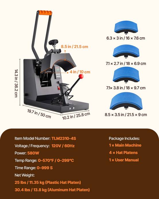 Vevor - VEVOR Presse à chaud 4 en 1 pour chapeaux 21.5x10cm, 4 patins téflon, pour sublimation sur casquettes, bérets. - Image 7