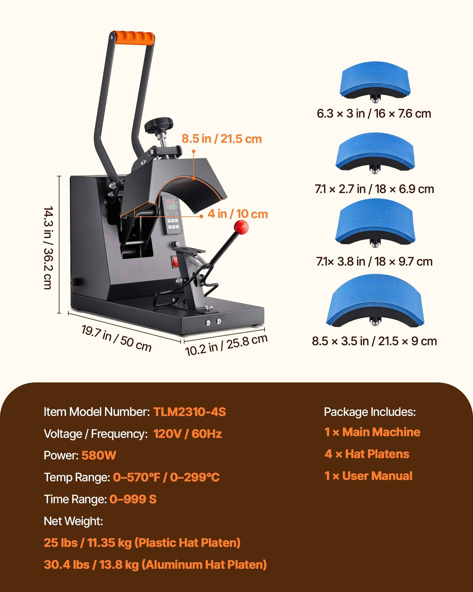 Vevor - VEVOR Presse à chaud 4 en 1 pour chapeaux 21.5x10cm, 4 patins téflon, pour sublimation sur casquettes, bérets. - Image 7