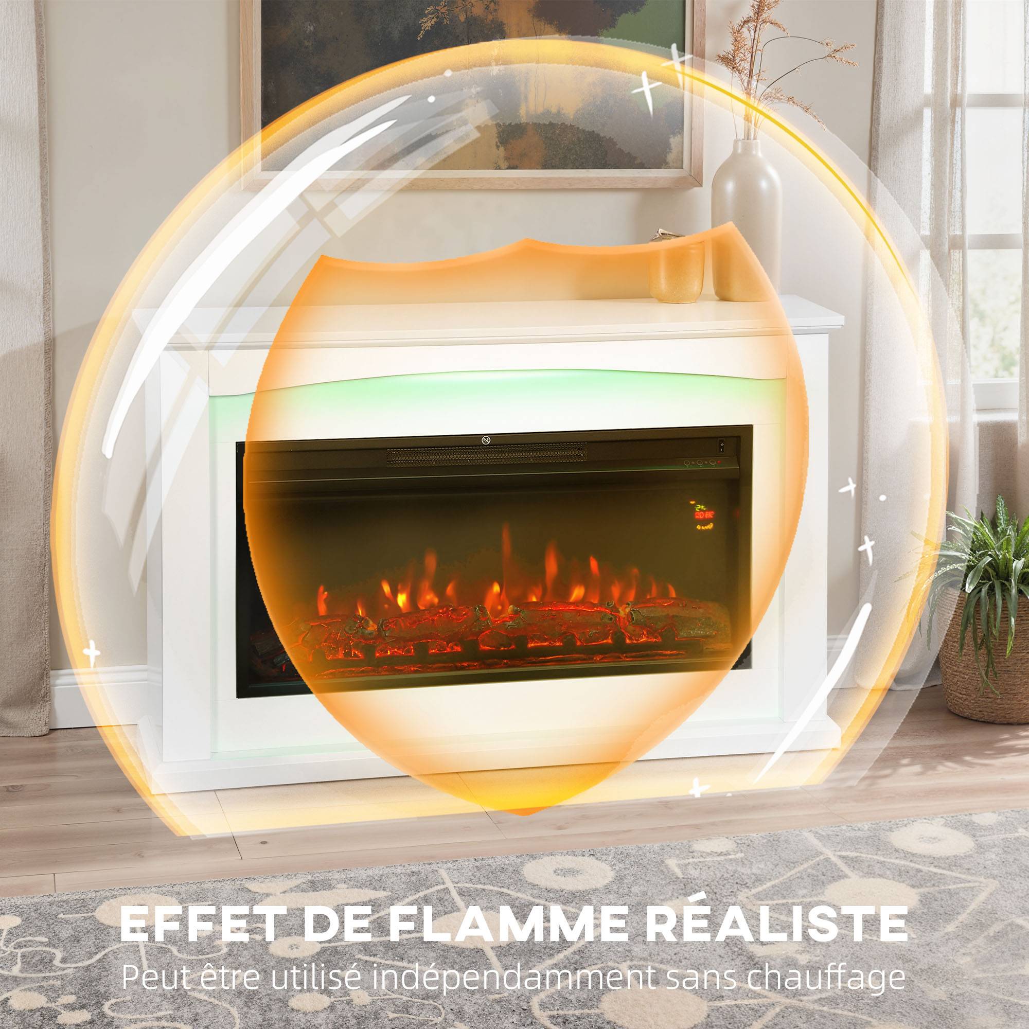 Cheminée électrique 1000W/2000W, fausse cheminée décorative, effet flamme à 5 luminosités réglables, 121x25x77cm, blanc - Image 9