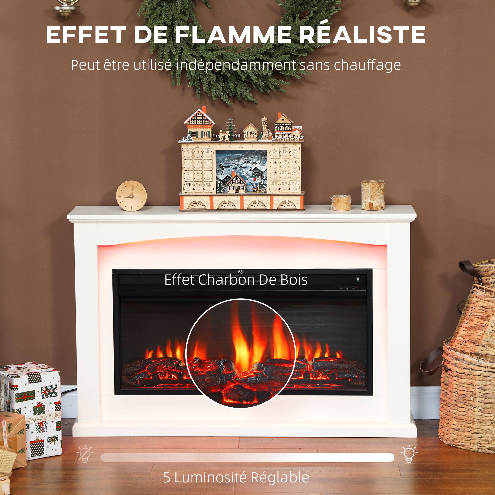 Cheminée électrique 1000W/2000W, fausse cheminée décorative, effet flamme à 5 luminosités réglables, 121x25x77cm, blanc - Image 6