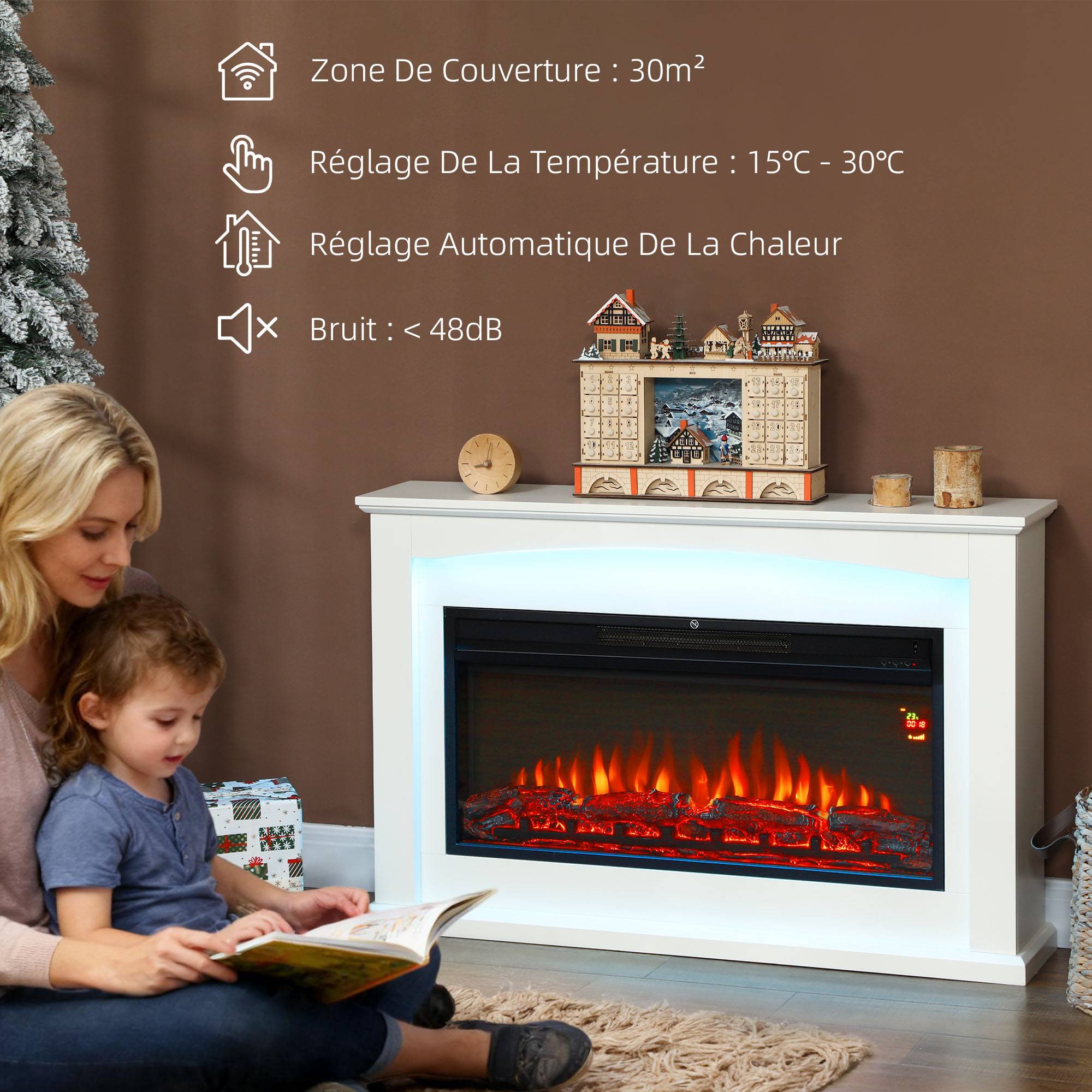 Cheminée électrique 1000W/2000W, fausse cheminée décorative, effet flamme à 5 luminosités réglables, 121x25x77cm, blanc - Image 7