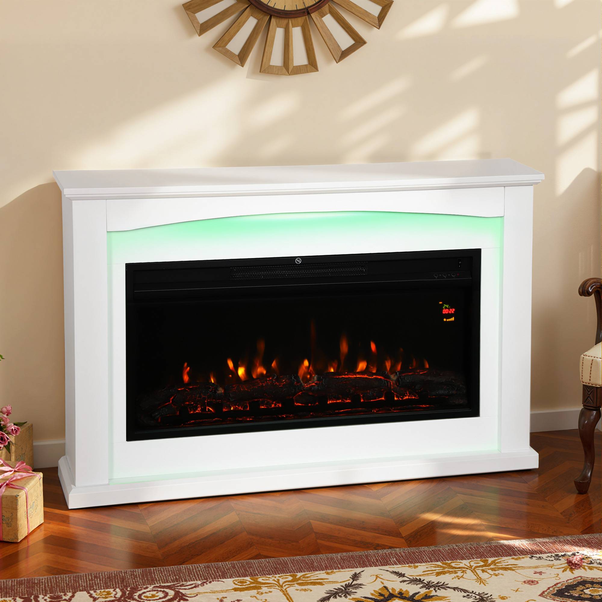 Cheminée électrique 1000W/2000W, fausse cheminée décorative, effet flamme à 5 luminosités réglables, 121x25x77cm, blanc - Image 3