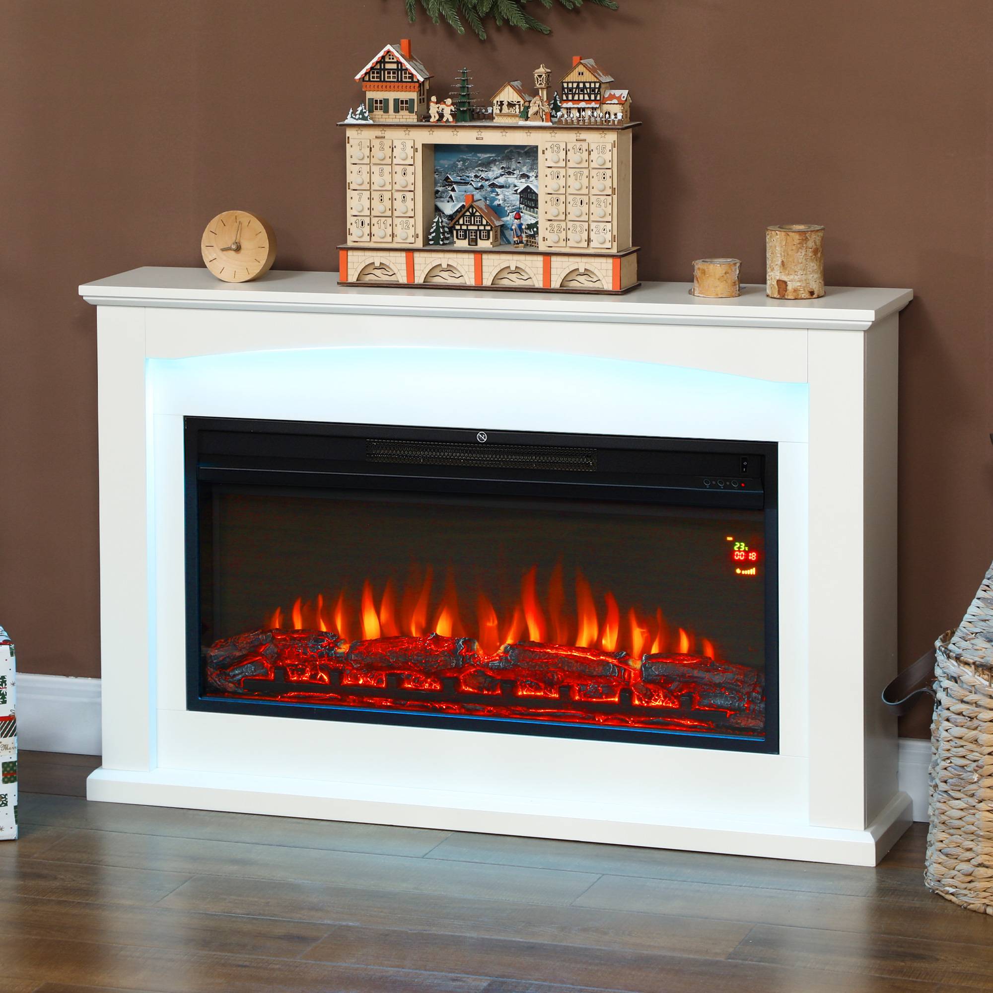 Cheminée électrique 1000W/2000W, fausse cheminée décorative, effet flamme à 5 luminosités réglables, 121x25x77cm, blanc - Image 4