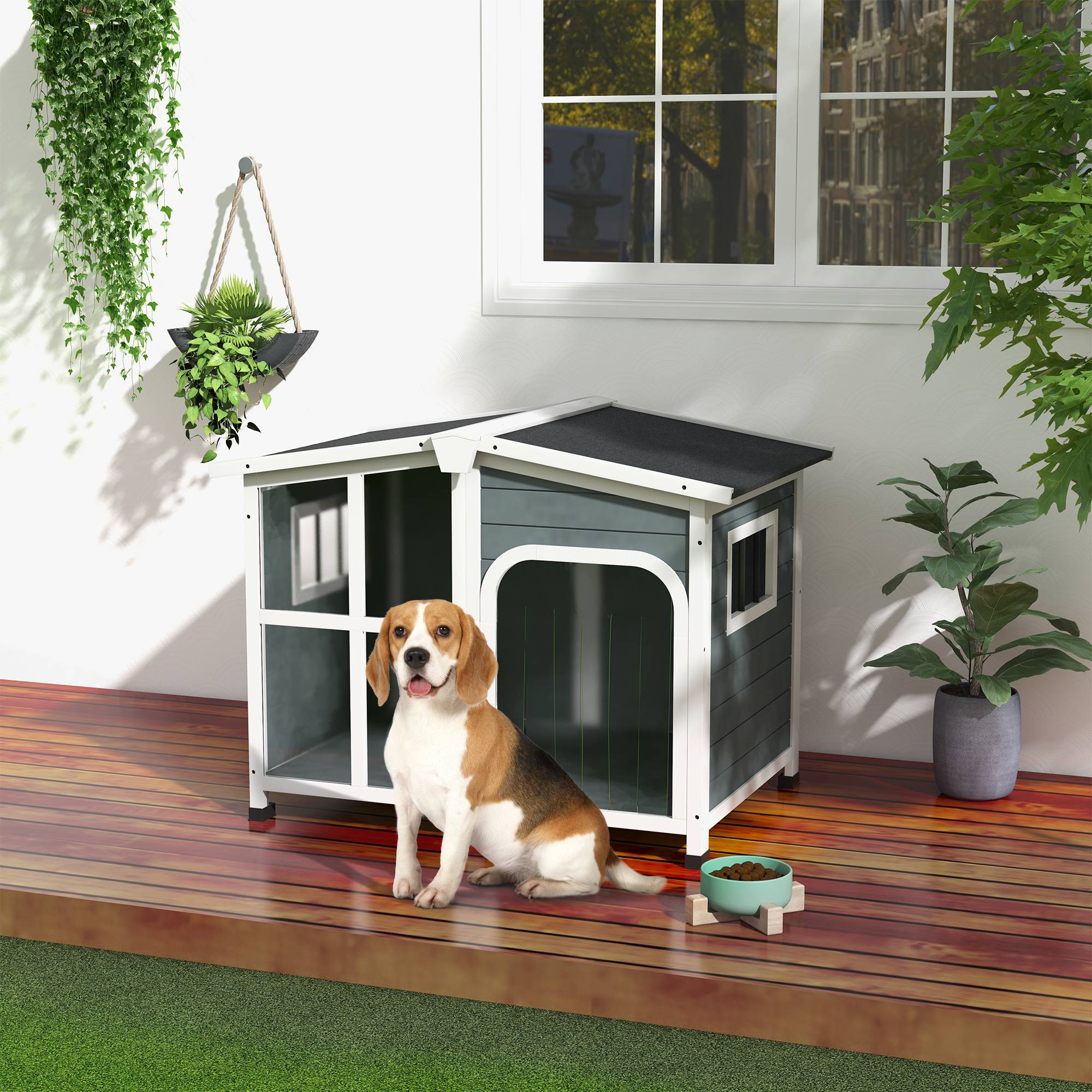 Niche extérieure pour chien moyen bois,toit ouvrant,101x66.5x70.5cm gris - Image 3