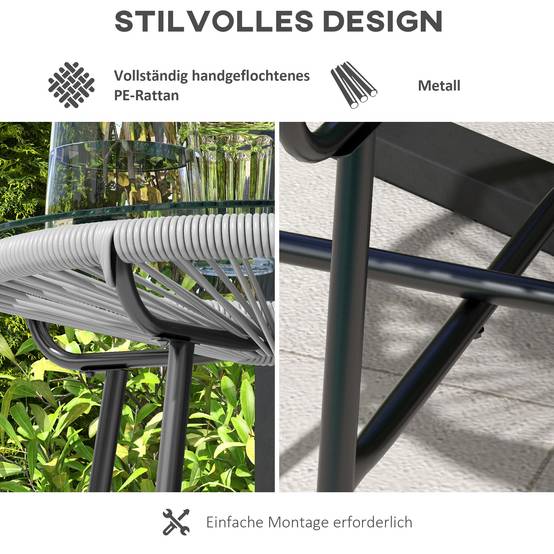 Table ronde rotin plateau verre 50x50x50cm noir gris, terrasse balcon bistrot - Image 5