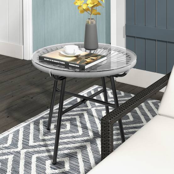 Table ronde rotin plateau verre 50x50x50cm noir gris, terrasse balcon bistrot - Image 2