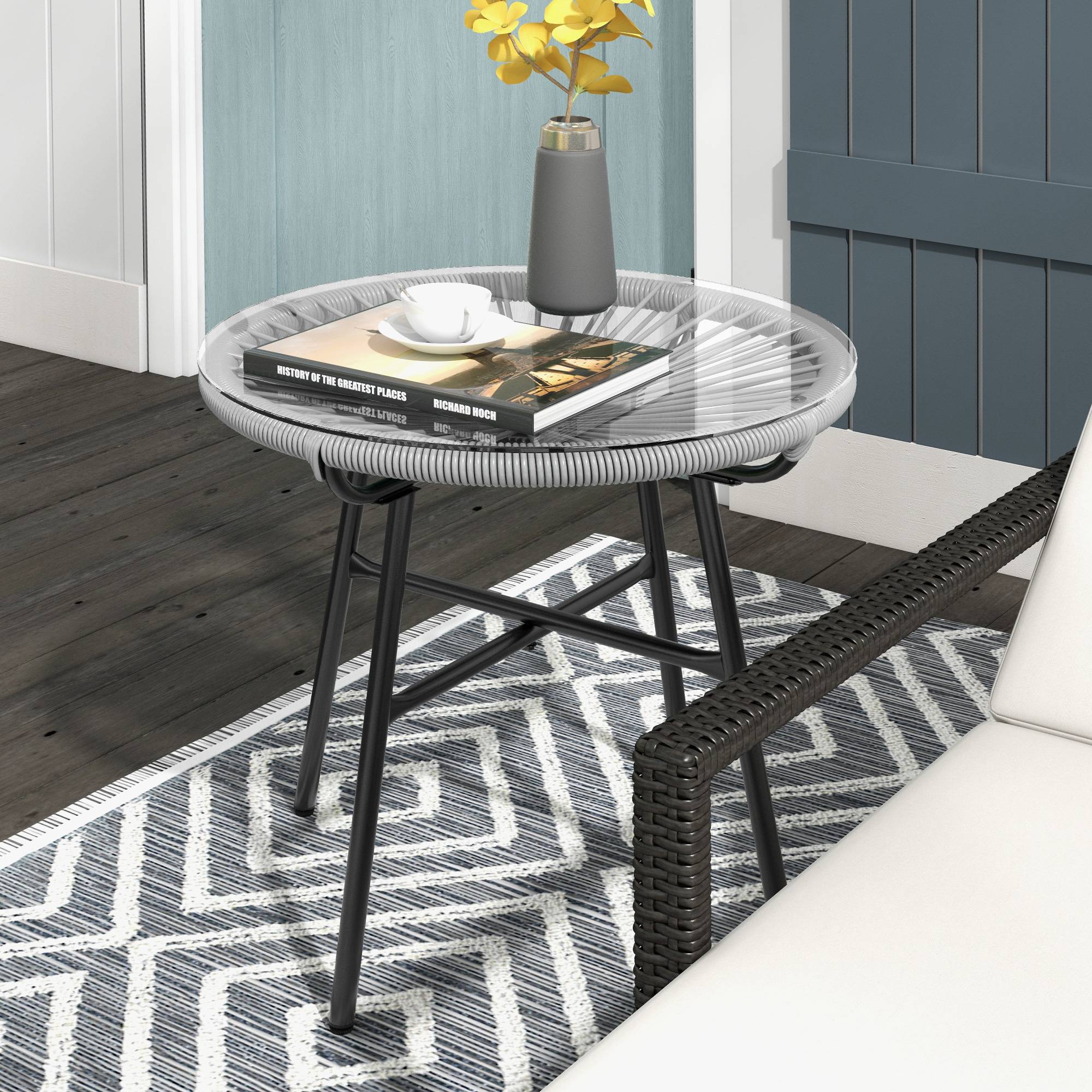 Table ronde rotin plateau verre 50x50x50cm noir gris, terrasse balcon bistrot - Image 2