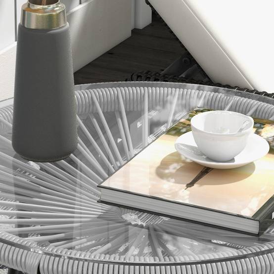 Table ronde rotin plateau verre 50x50x50cm noir gris, terrasse balcon bistrot - Image 8