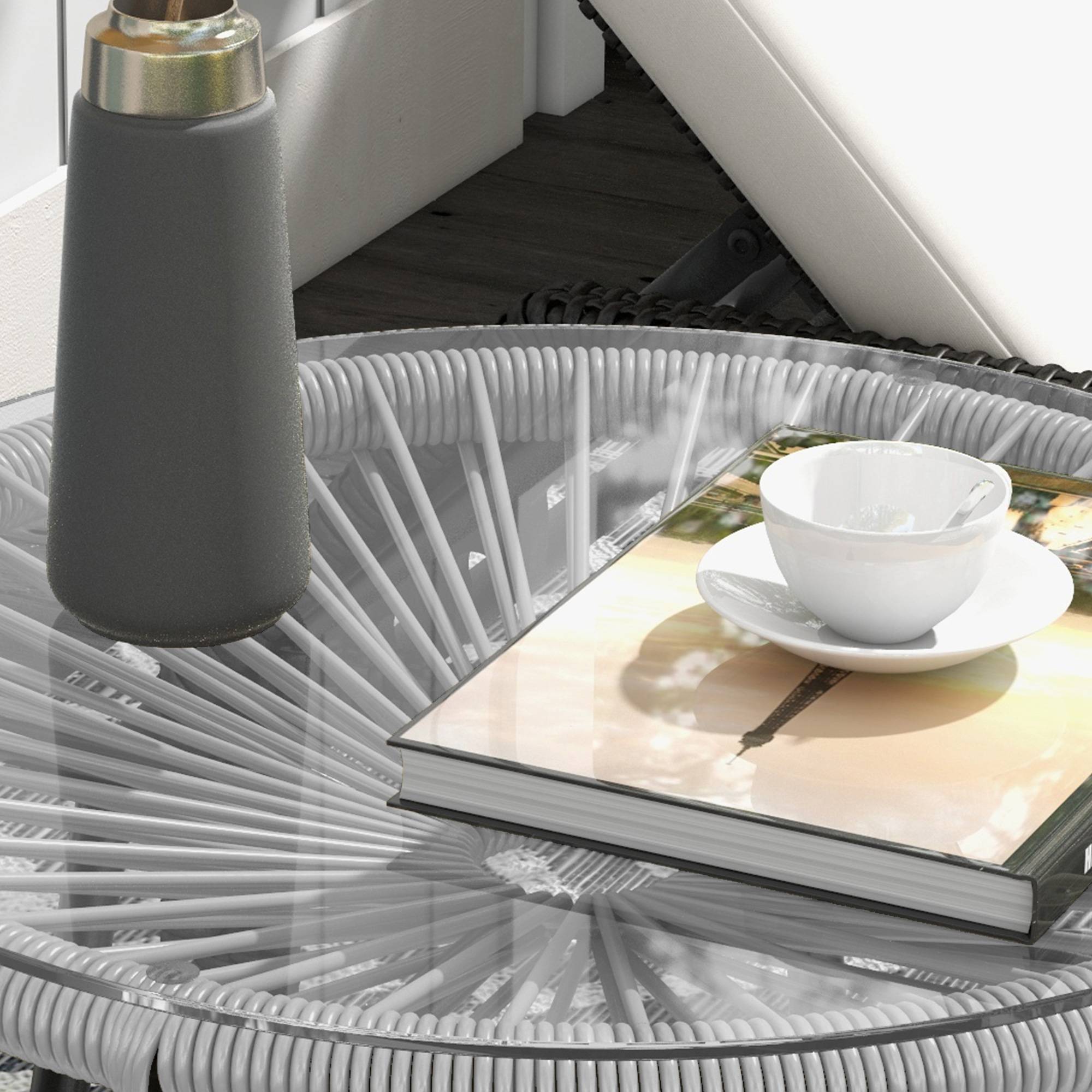 Table ronde rotin plateau verre 50x50x50cm noir gris, terrasse balcon bistrot - Image 8