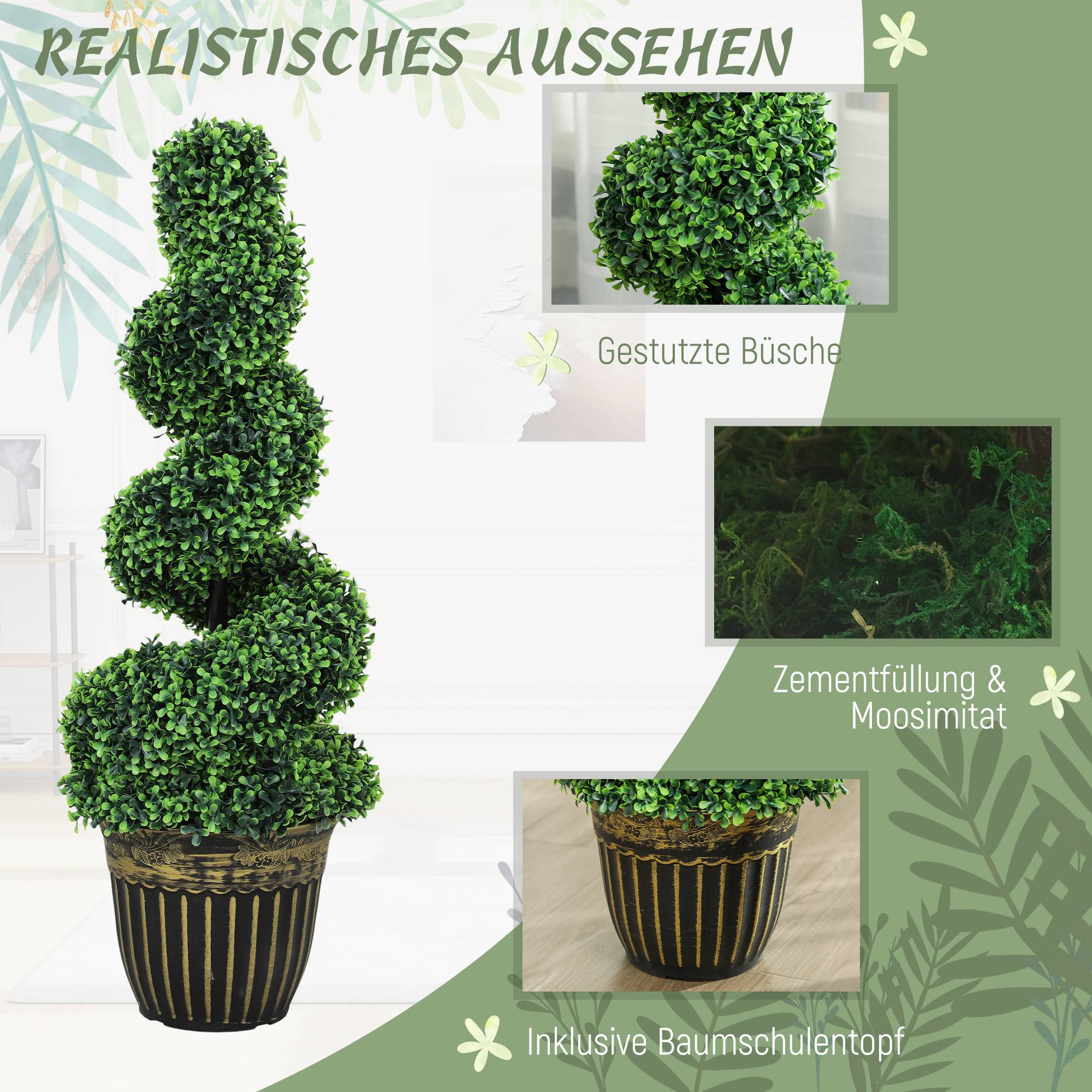 Buis en spirale, lot de 2 plantes artificielles, avec pot, 90 cm, vert - Image 6