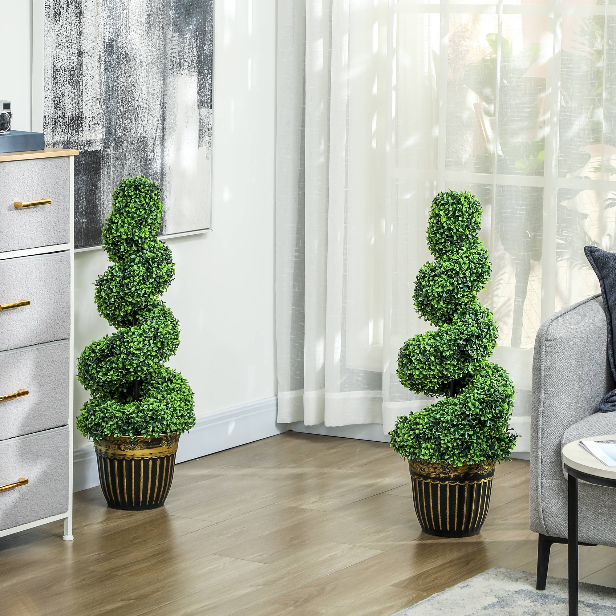 Buis en spirale, lot de 2 plantes artificielles, avec pot, 90 cm, vert - Image 3