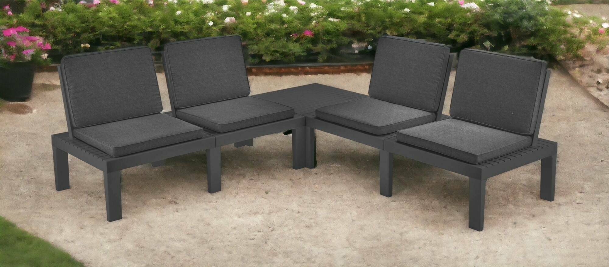 Dmora - Salon d'extérieur Dmur, Composition de jardin avec 4 sièges avec dossier et 1 module multifonction, Lounge avec coussins, Anthracite - Dmora - Imagen 5