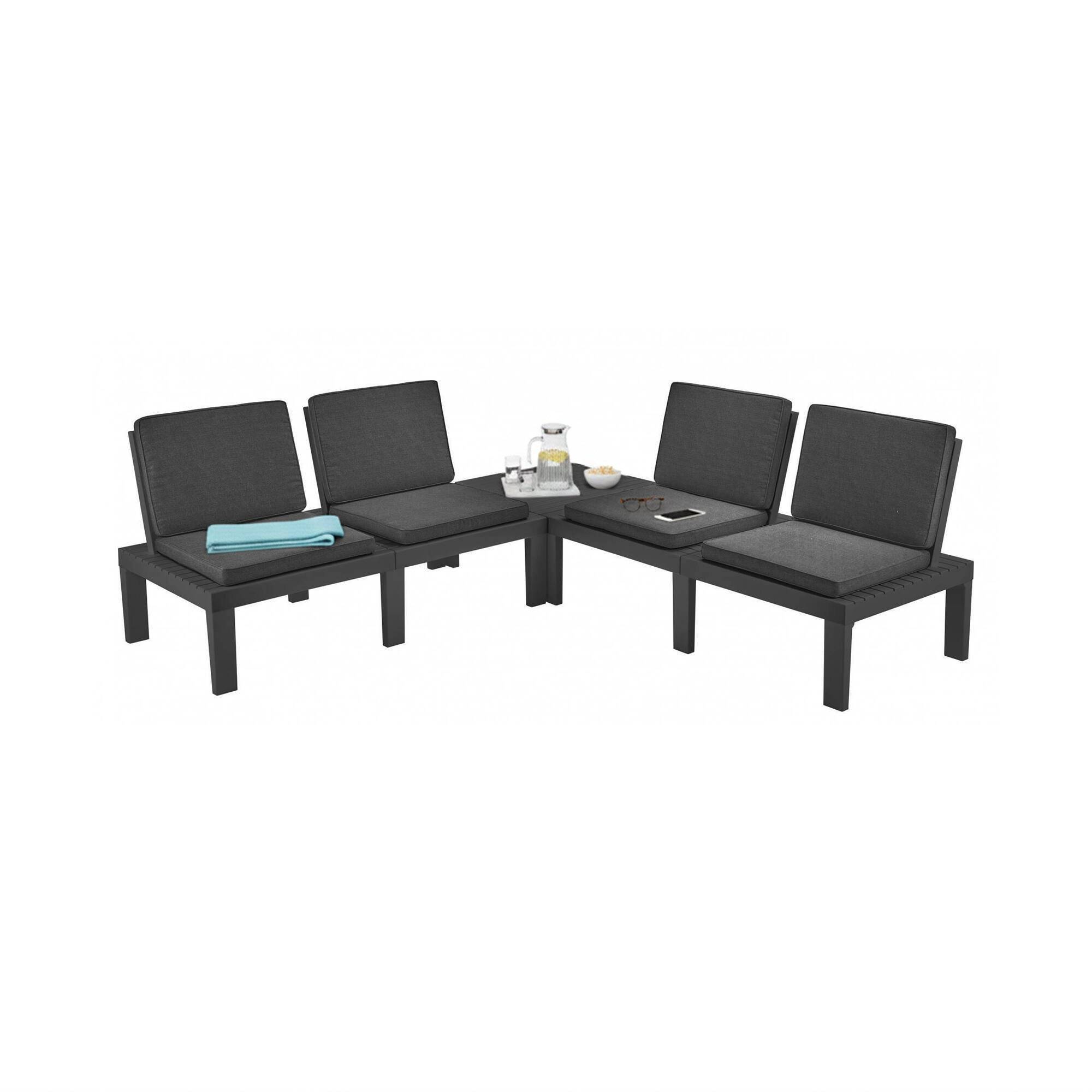 Dmora - Salon d'extérieur Dmur, Composition de jardin avec 4 sièges avec dossier et 1 module multifonction, Lounge avec coussins, Anthracite - Dmora - Imagen 1