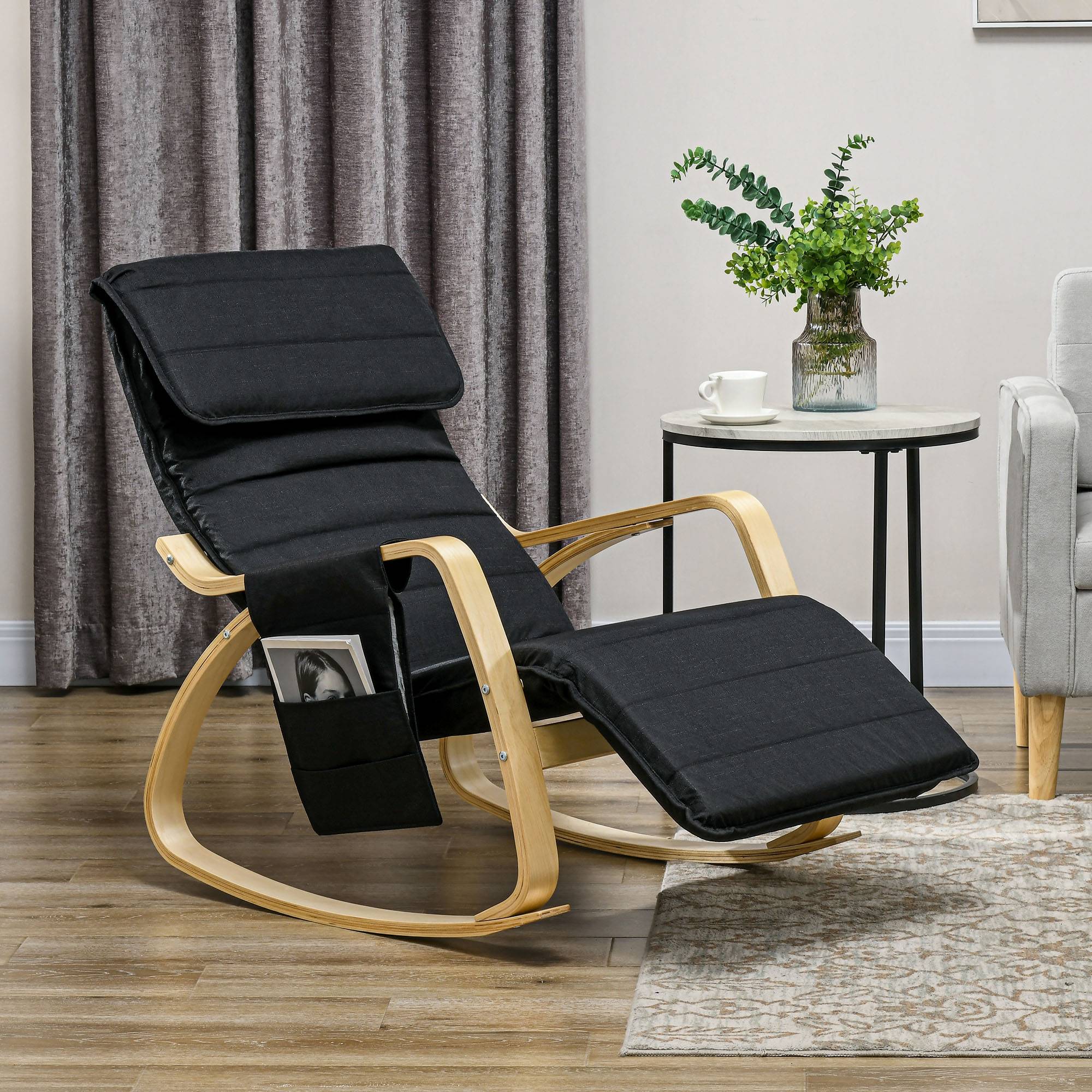 Sans Marque - Fauteuil relax à bascule fauteuil allaitement avec repose-pieds réglable, poche latérale et appui-tête, noir - Image 3