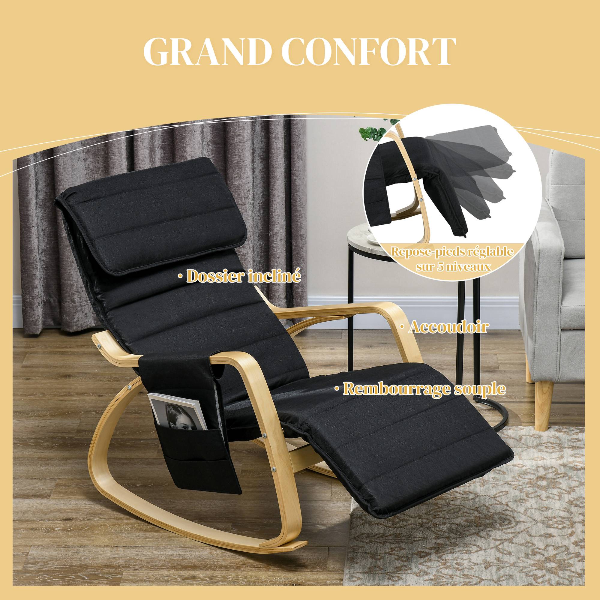 Sans Marque - Fauteuil relax à bascule fauteuil allaitement avec repose-pieds réglable, poche latérale et appui-tête, noir - Image 7