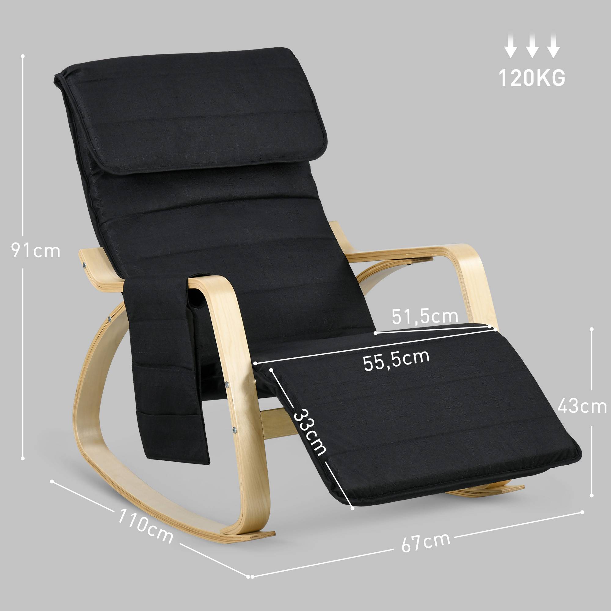 Sans Marque - Fauteuil relax à bascule fauteuil allaitement avec repose-pieds réglable, poche latérale et appui-tête, noir - Image 5