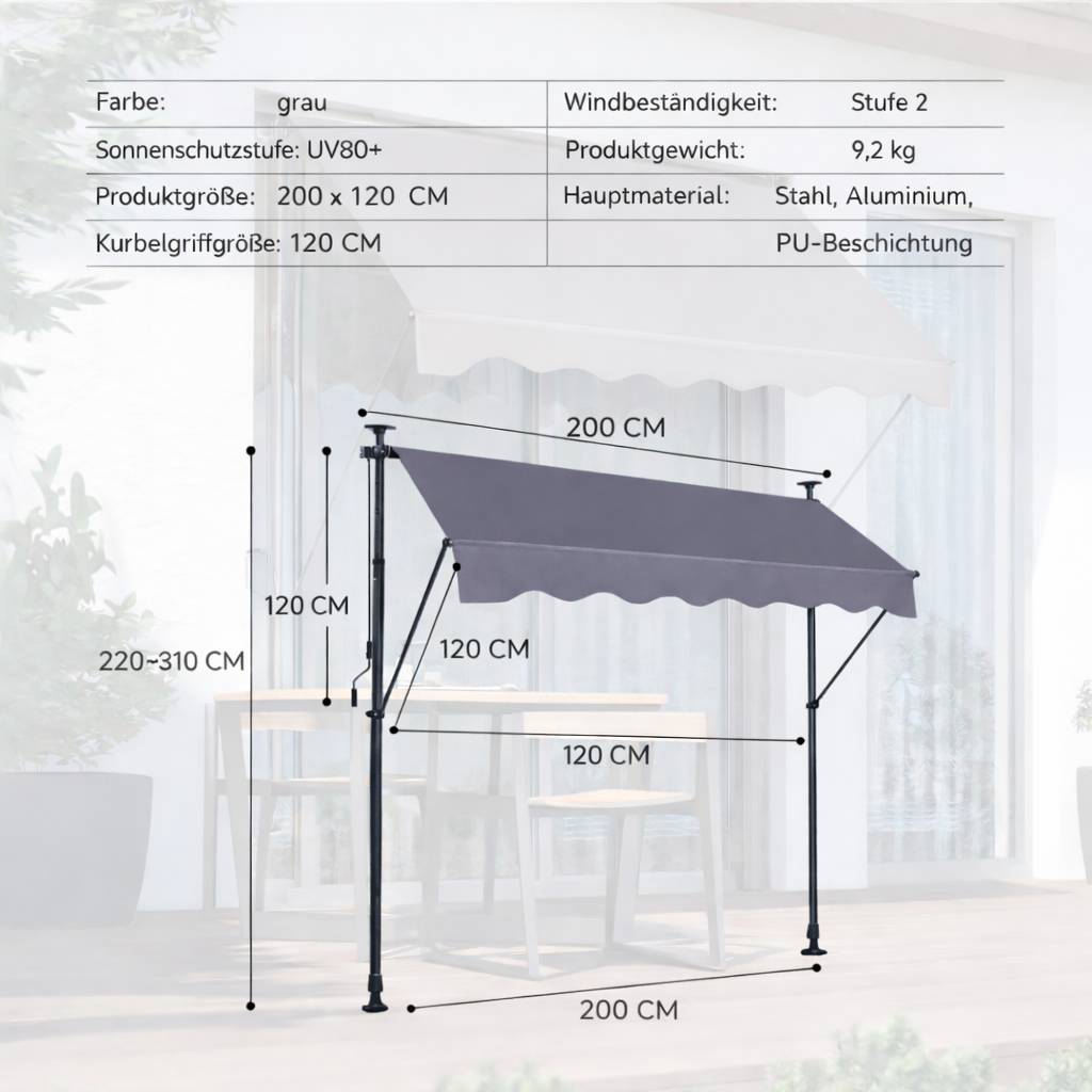 ComfortXL - Store banne sur pieds acier aluminium balcon terrasse sans perçage 200x120cm gris - ComfortXL Outdoor Living - Image 2