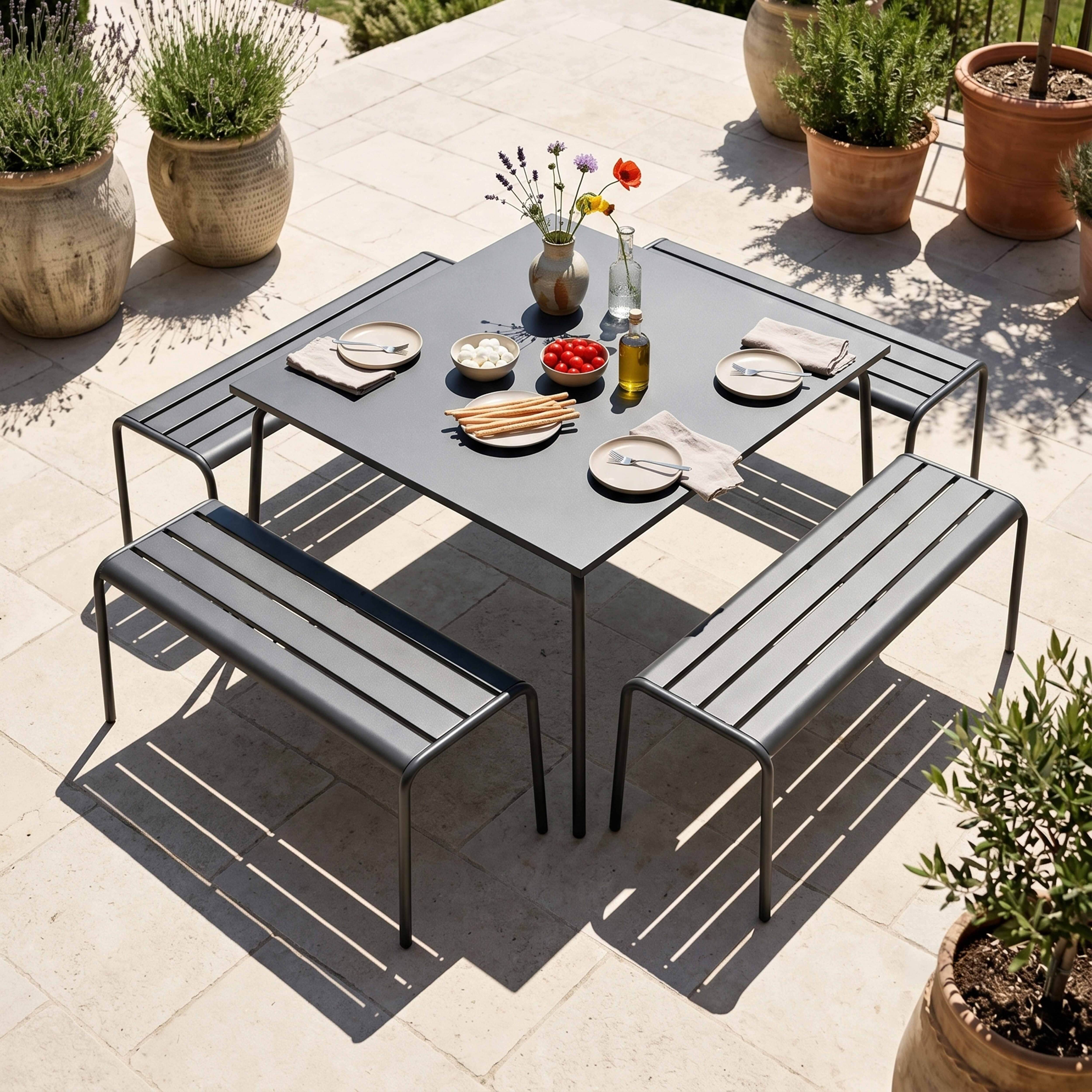 Oviala - Ensemble table de jardin carrée et 4 bancs en métal anthracite Palavas - Oviala - Imagen 2